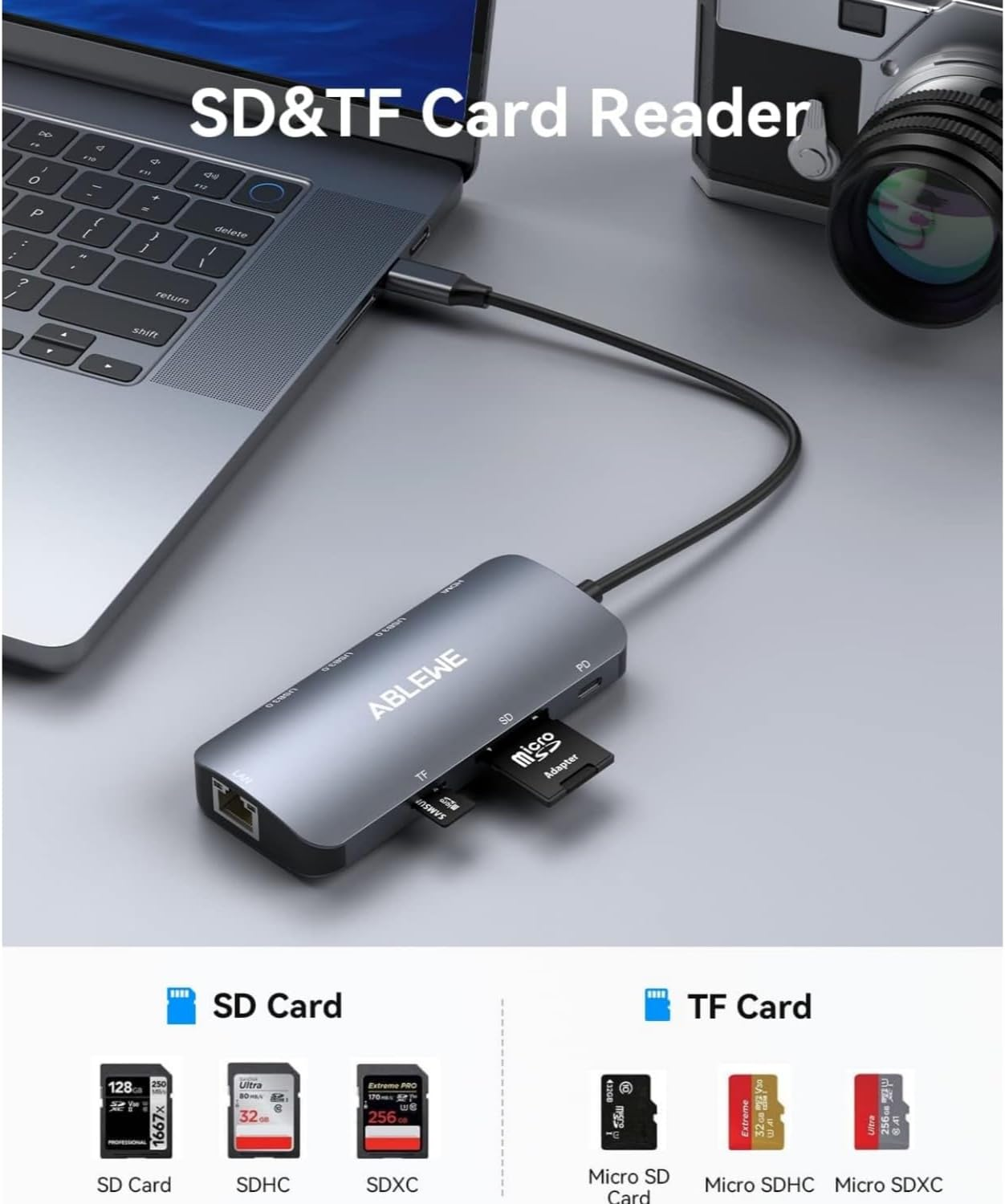 ABLEWE USB C to Ethernet Hub, 8-In-1 Macbook Adapter with 4K@60Hz HDMI, 1000Mbps Ethernet, 100W PD, SD/TF Card Reader, 3 USB 3.0 Ports, Multiport Docking Station Compatible for Macbook, Tablet, Phone image number 3