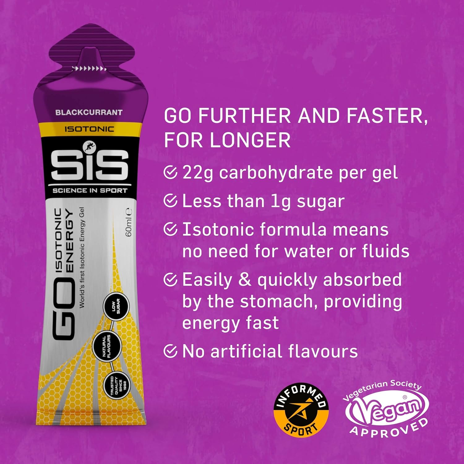 Science in Sport GO Isotonic Energy Gels, Blackcurrant Flavour, 60 Ml per Serving (30 Pack) image number 3