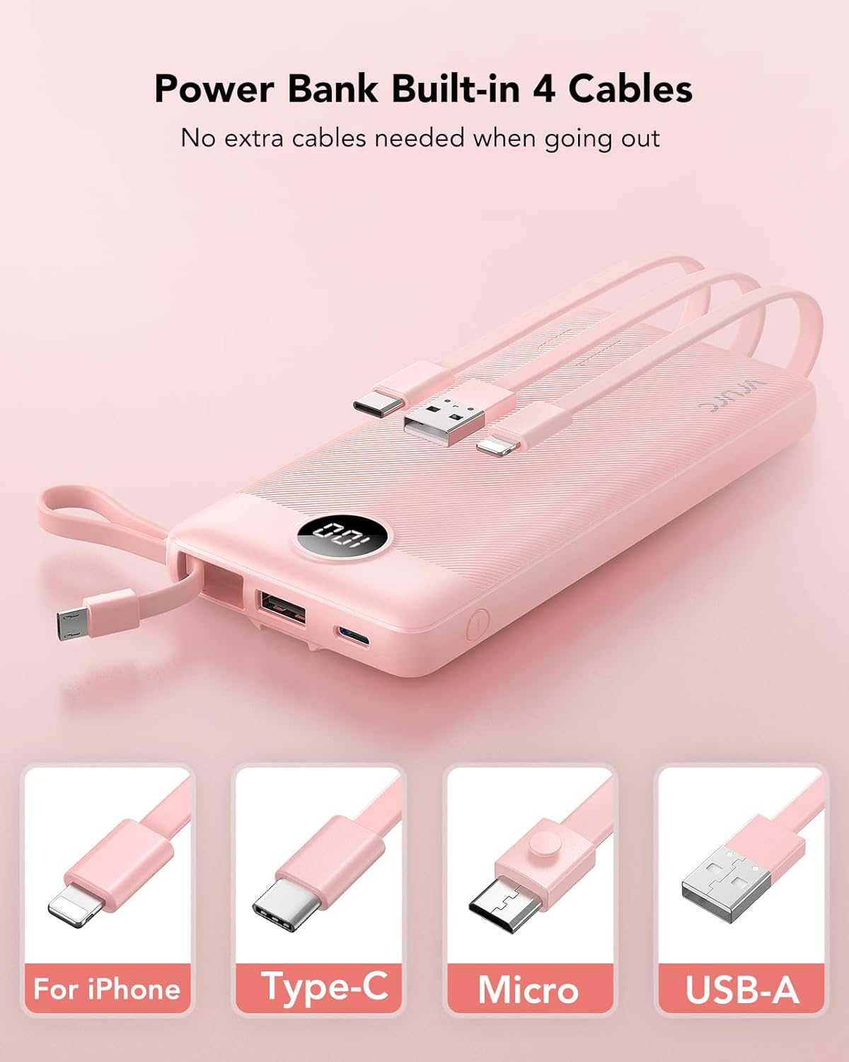 Portable Charger 10000Mah,Vrurc Power Bank with Built-In Cables, 5 Output 2 Input Cell Phone Battery Pack, Slim LED Display, USB C Phone Charger Compatible with Iphone,Samsung,Android Etc-Pink - Green image number 2