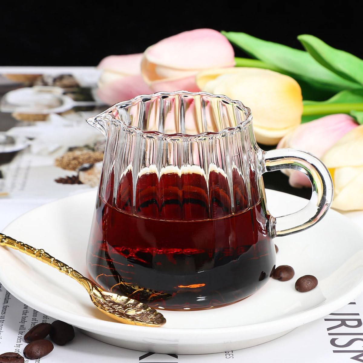 SECFOU Small Glass Pitcher 350Ml Milk Frothing Cup Beverage Pouring Pitcher with Handle for Coffee Espresso Use image number 1