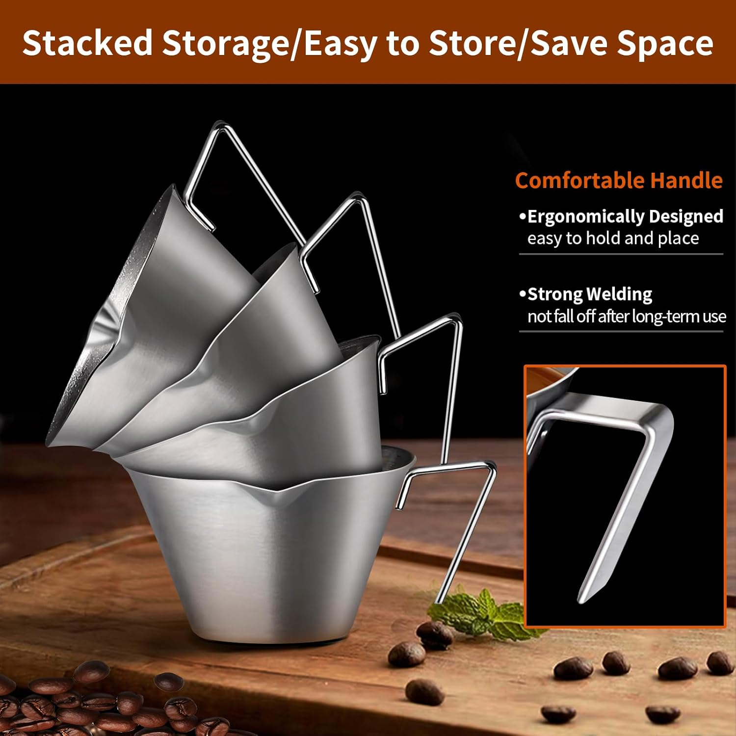 YARRAMATE Espresso Cup with Handle, Stainless Steel Accessories 2Pcs, Double Spout Metal Measuring Cup with Dual Scale, V-Shaped Mouth Shot Glass (Silver), 3.4OZ / 100ML image number 3