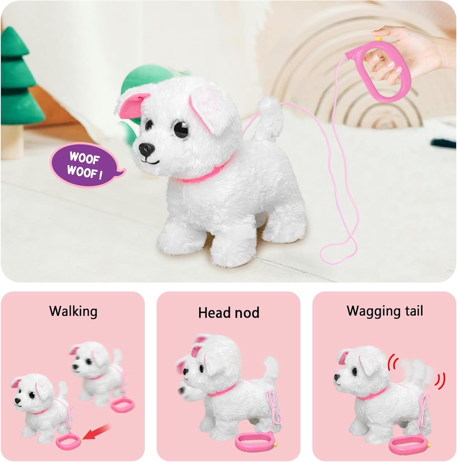 Walking & Barking Puppy Toy with Remote Control Leash &ndash; Tail Wags & Head Nods, Soft Plush Electronic Pet, Easy One-Switch Play, Battery Operated 3&times;AA (Not Included), Toy Dog for Kids &ndash; White - Blue image number 2
