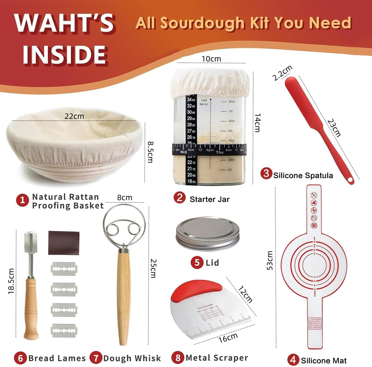 9SHOME Complete Sourdough Bread Starter Kit, 9 Inch round Banneton Proofing Basket, Bread Baking Supplies with 32Oz Sourdough Jar, Dough Whisk, Scraper & Bread Lame, Spatula, Silicone Mat image number 2