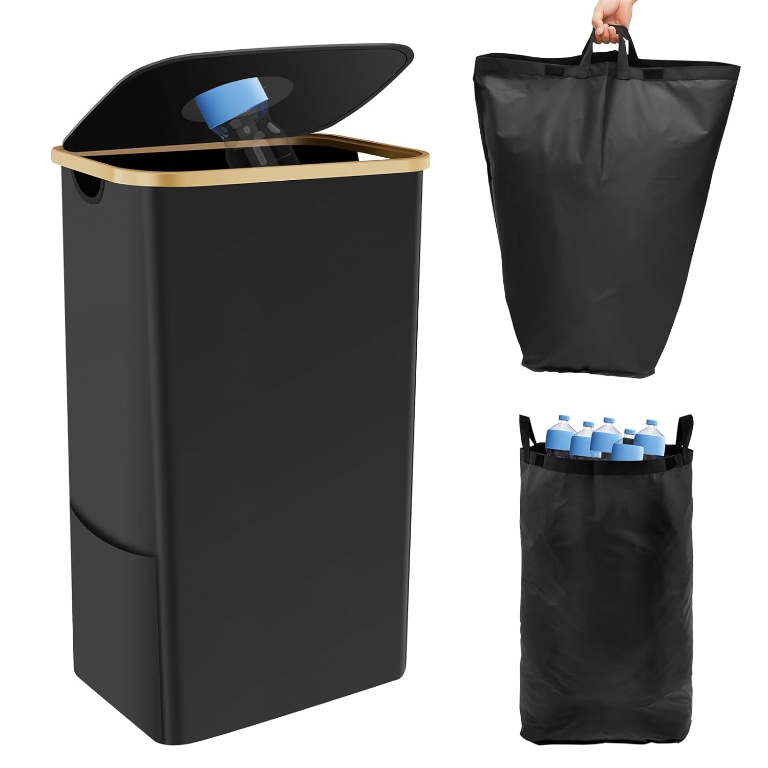 105L Recycling Bin Large Capacity Recycle Bin with Lid Removable Reusable Bag Foldable Collecting Bottle Can Portable Recycling Storage Container Bamboo Handle Recycle Bottle Bin for Kitchen Indoor image number 4