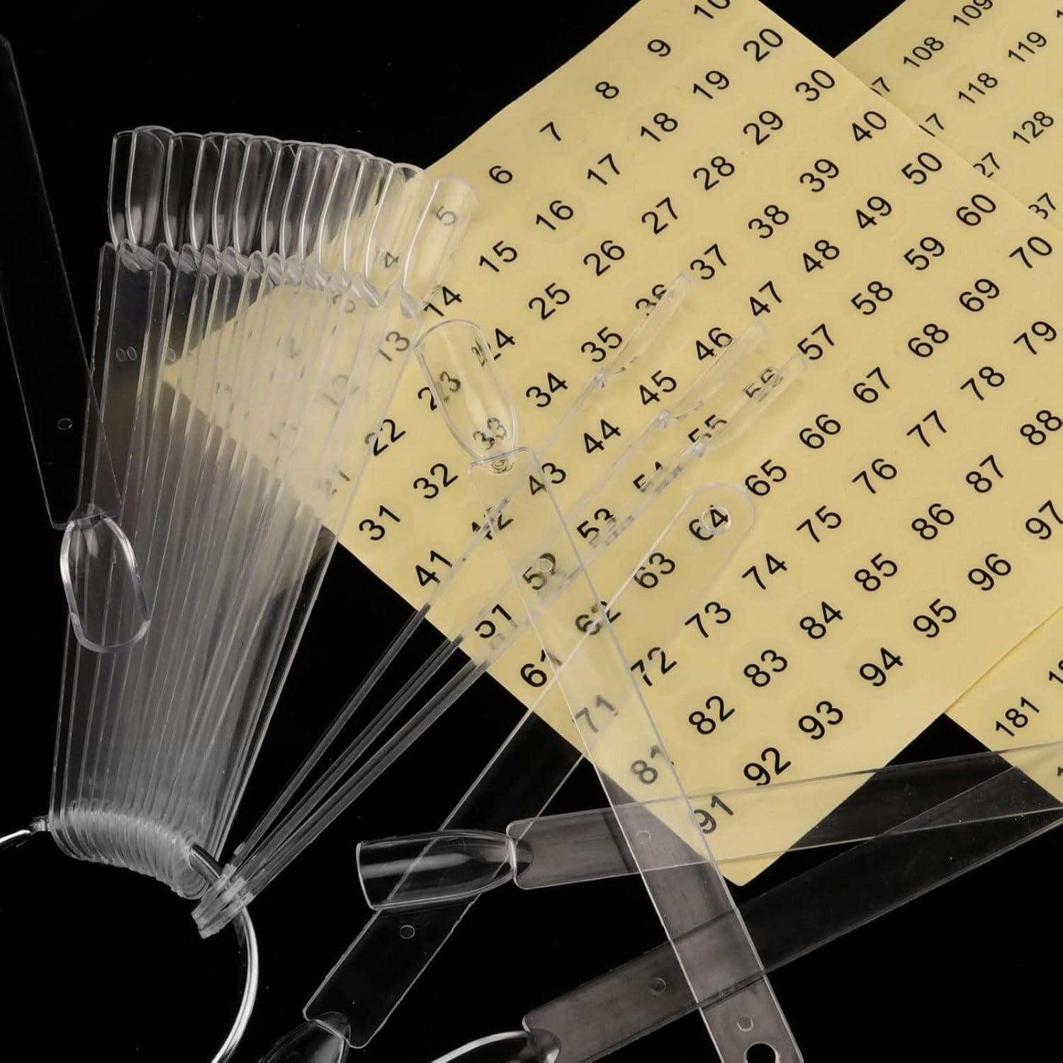 MUKLEI 150 PCS Clear Nail Swatch Sticks with Ring, Transparent Nail Simple Sticks Fan Shape Nail Art Display Tips for Display, Practice, DIY and Collection, 200 Number Labels Included image number 6