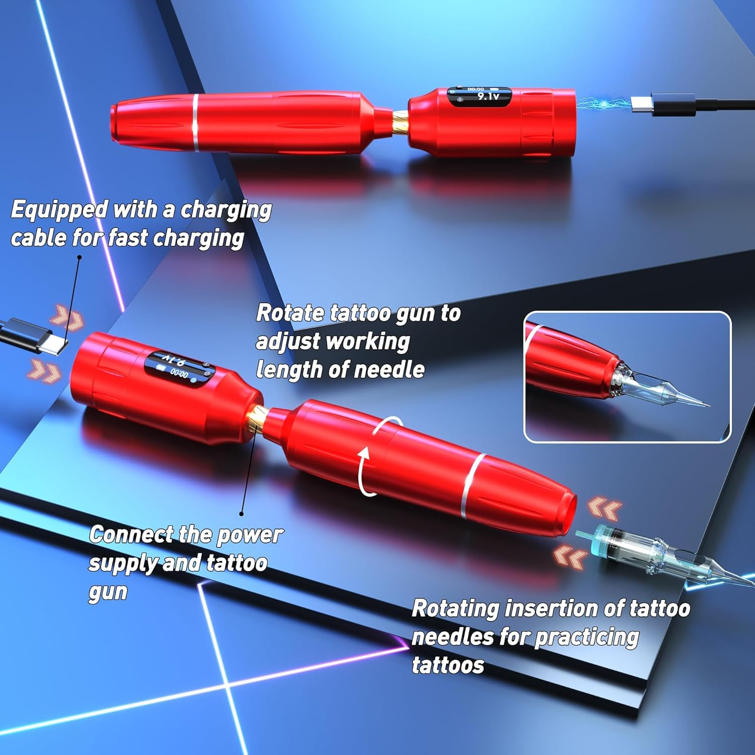 Eyebrow Microblading Tattoo Gun Kit - Professional Tattoo Pen & Brow Pencil Set for Microblading Supply, Semi-Permanent Makeup Tattoo Machine with 1,300 Mah, 50Pcs Needles for Artists Starter (Red, TP39) image number 3