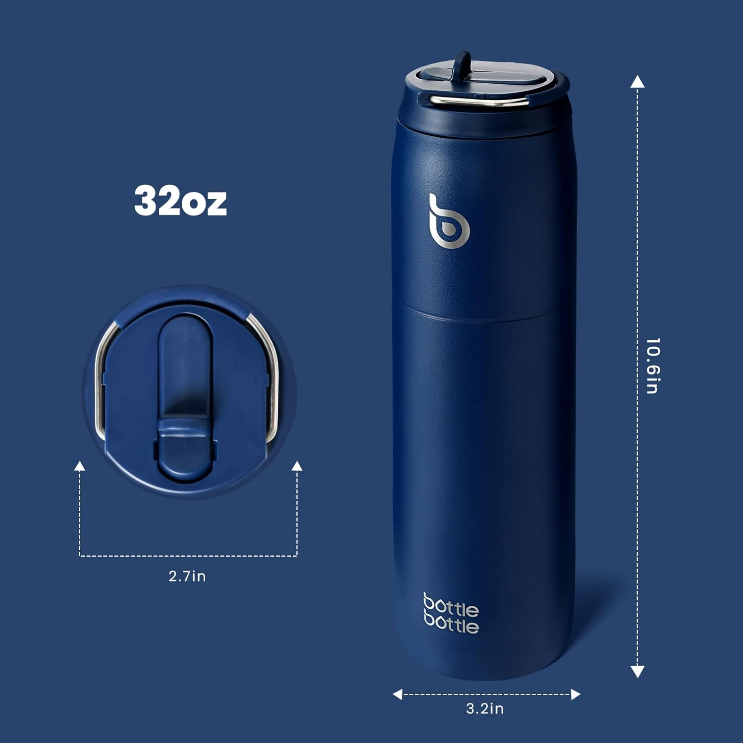 Bottle Bottle Stainless Steel Water Bottle with Straw and Lid 32Oz Vacuum Insulated Water Bottle Stay Cold for 24 Hrs, Hot for 12 Hrs, Leak-Proof Wide Mouth Water Bottles for Men,Indigo Blue - Black image number 2