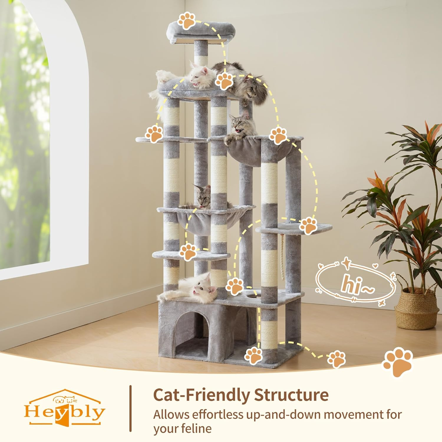 Heybly Cat Tree, 180Cm Tall Cat Tower for Large Maine Coon Cats with Extra-Large Baseboard, Cat Condo Furniture with Multi-Level Platforms, 2 Hammocks and 12 Scratching Posts, Light Gray HCT037W image number 3