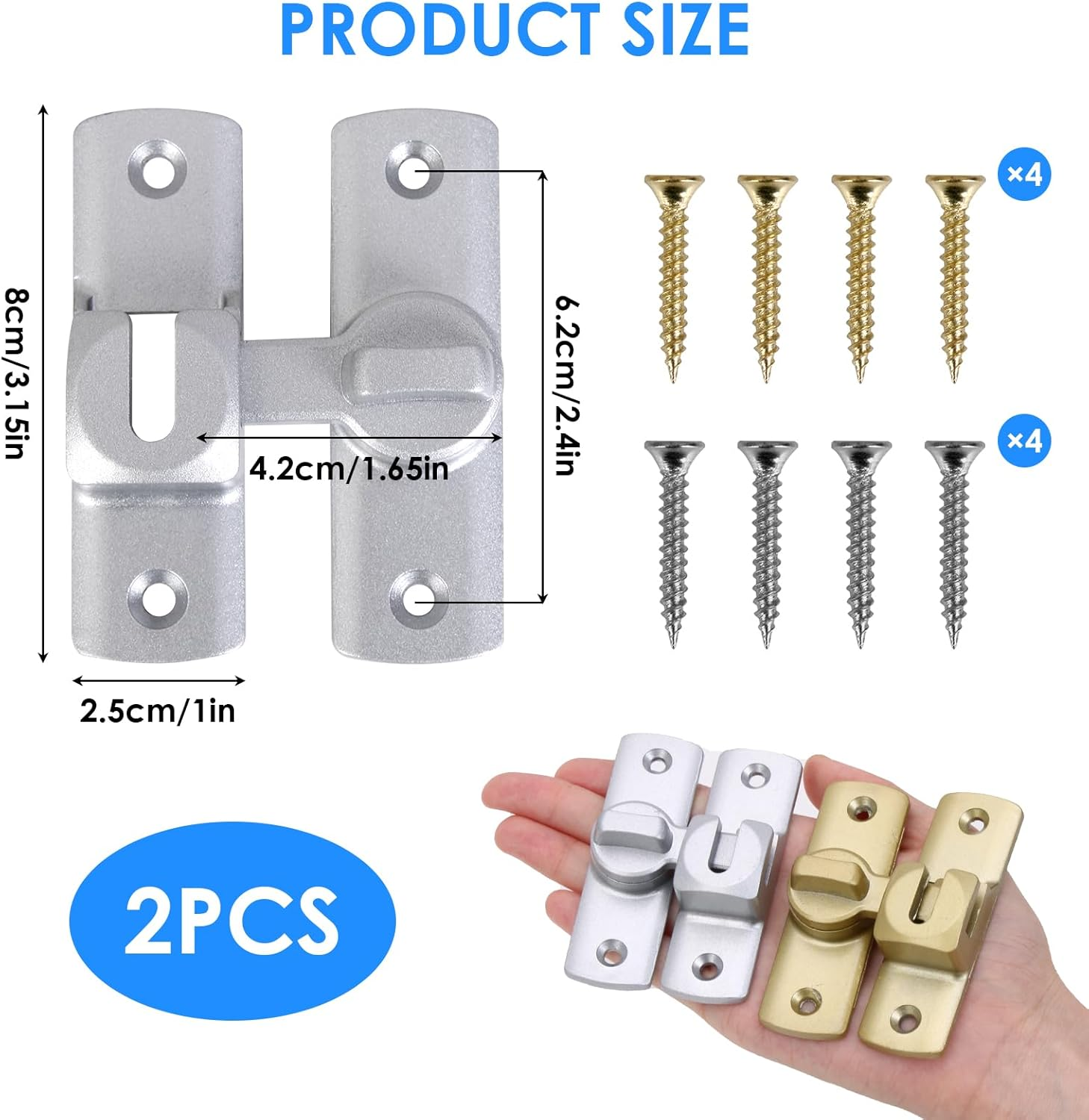 2 Pcs Silvery Barn Door Latches & Gold Gate Latches, Heavy Duty 90/180&deg; Adjustable Flip Gate Latches Hardware, Zinc Alloy Right Angle Lock for Sliding Doors, Cabinets, Bathrooms & Fences image number 4