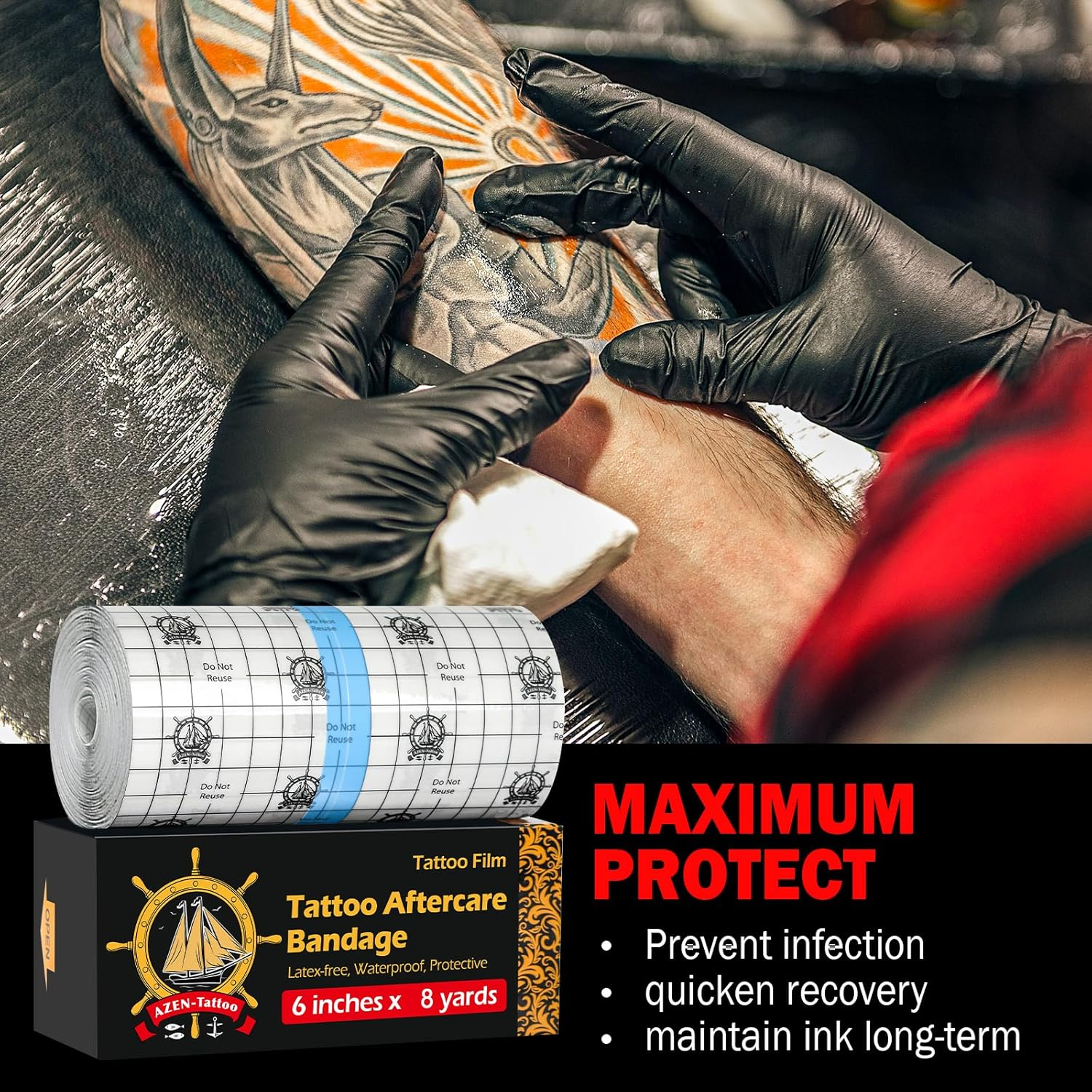 AZEN Tattoo Aftercare Bandage, 6"X 8 Yard, Waterproof Second Skin Cover up Tape, Healing Wrap, Tattoo Supplies image number 5