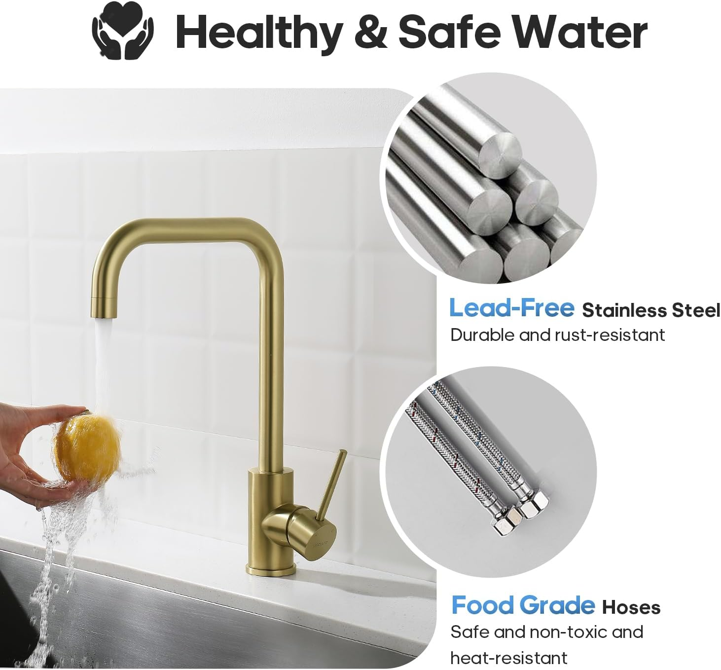 Decaura L-Spout Kitchen Mixer Tap Lead-Free Sink Faucet 360 Swivel Laundry Basin Taps (&lrm;Brushed Gold) - Brushed Nickel image number 6