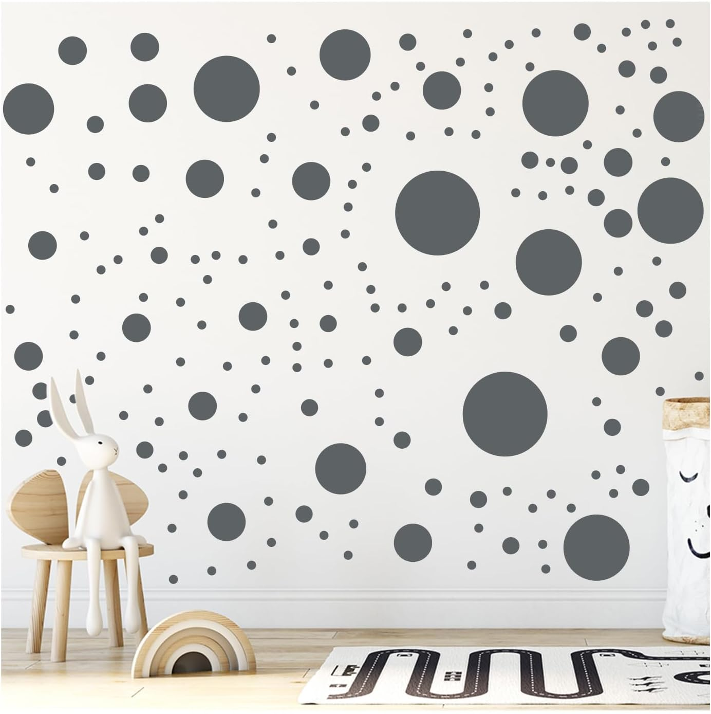 Stickerdeen 500+ Assorted Polka Dot Circle Wall Stickers for Kids Bedroom Living Room, Classroom, Playroom Decor Removable Vinyl Wall Stickers Dots Wall Decals (Grey) image number 3