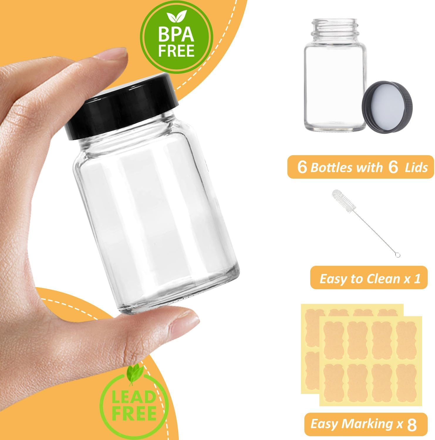 LANBEAUTIFY 2 Oz Small Clear Glass Bottles with Lids - 6Pcs Wide Mouth Shot Bottles with Caps for Ginger Shots, Juice, Potion, Liquids, Whiskey - Mini Travel Bottles with Funnels, Stickers - 6Pcs-Clear image number 3