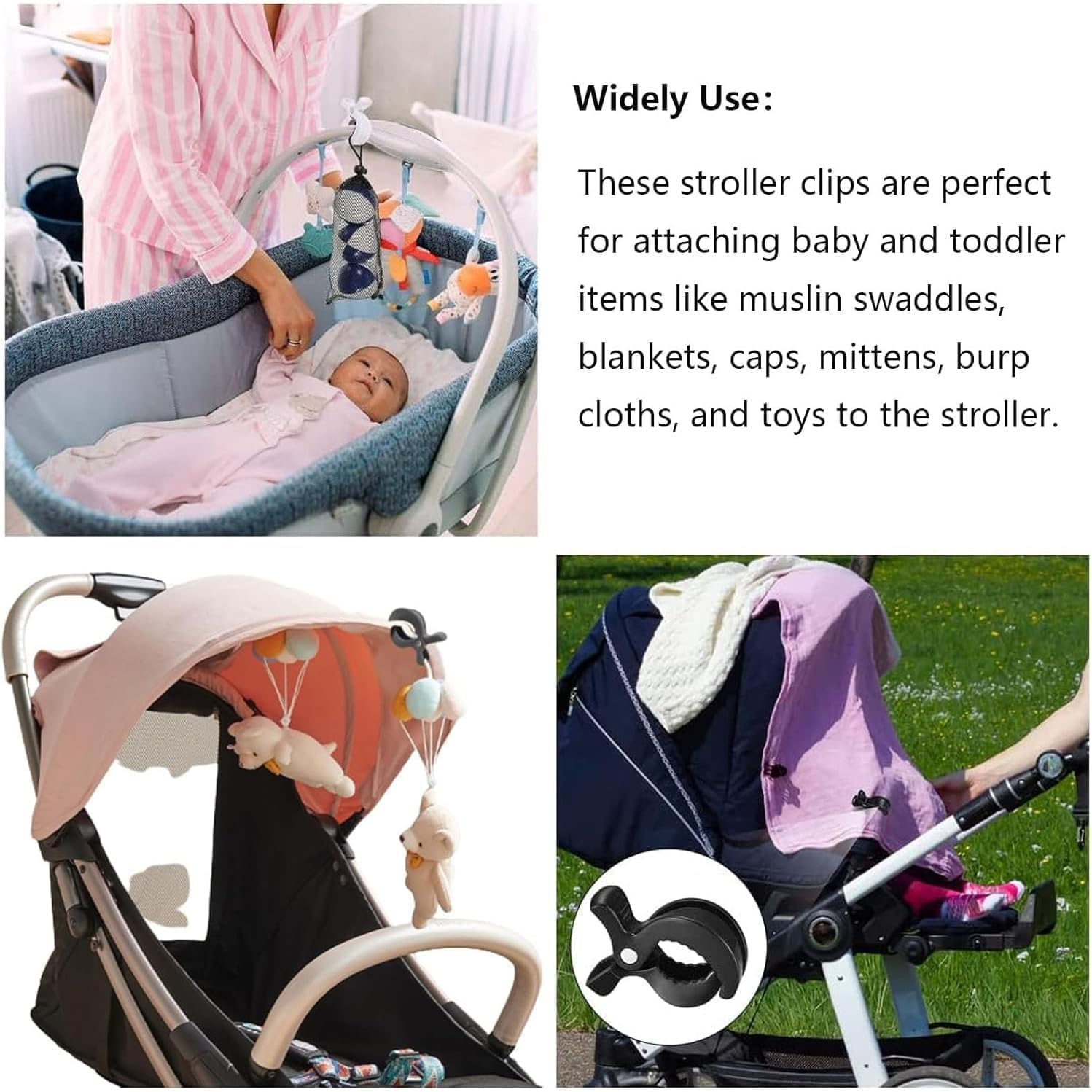 6Pcs Baby Pram Clips Premium Mommy Stroller Accessories with Large Carabiner and Velcro Hook for Diaper Bags and Stroller Organization image number 6