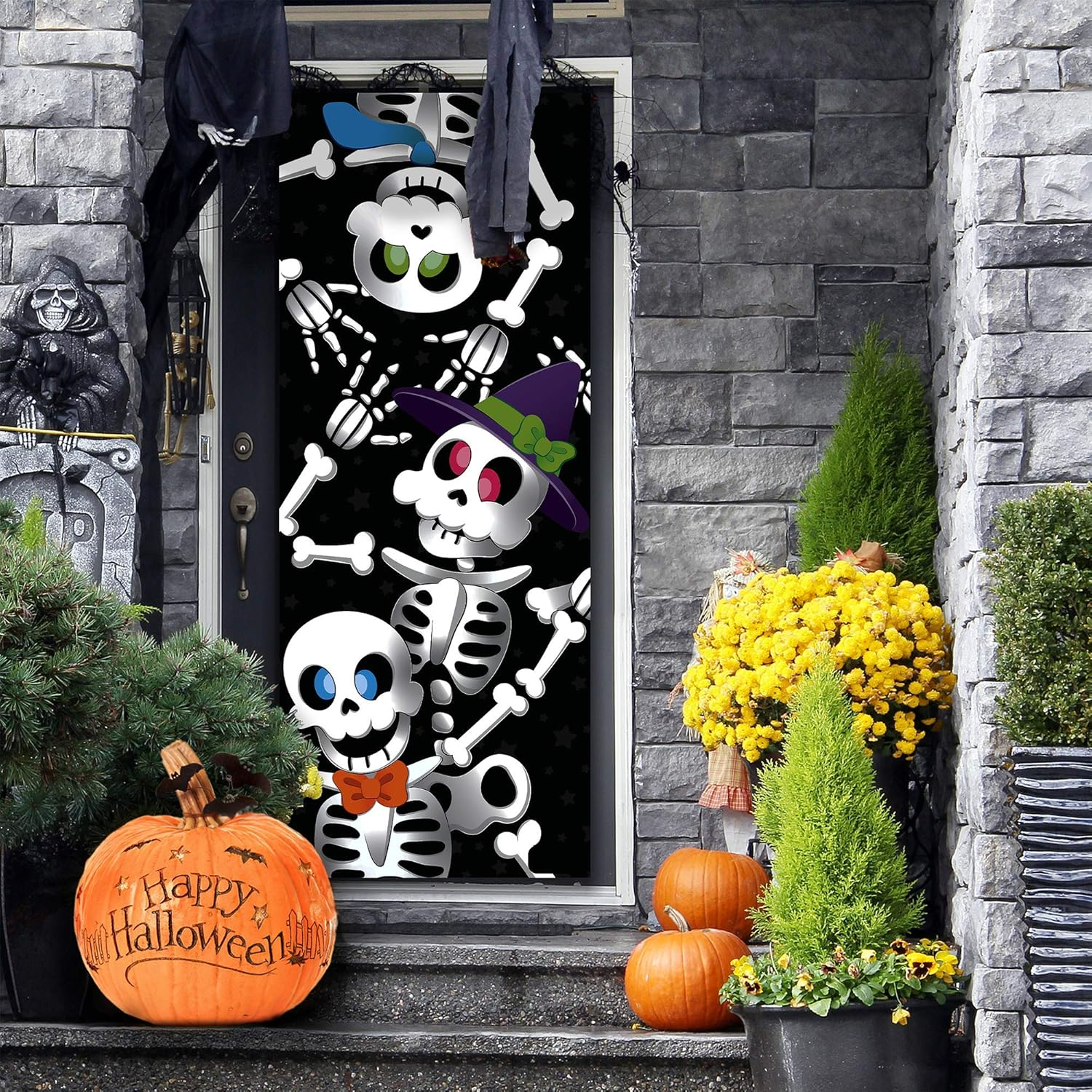 JOYIN 3 Pcs 3D Design Cute Skeleton Family Door Cover 30&rsquo;&rsquo; X 72&rsquo;&rsquo; for Halloween Door, Window and Wall Cover Decoration image number 3