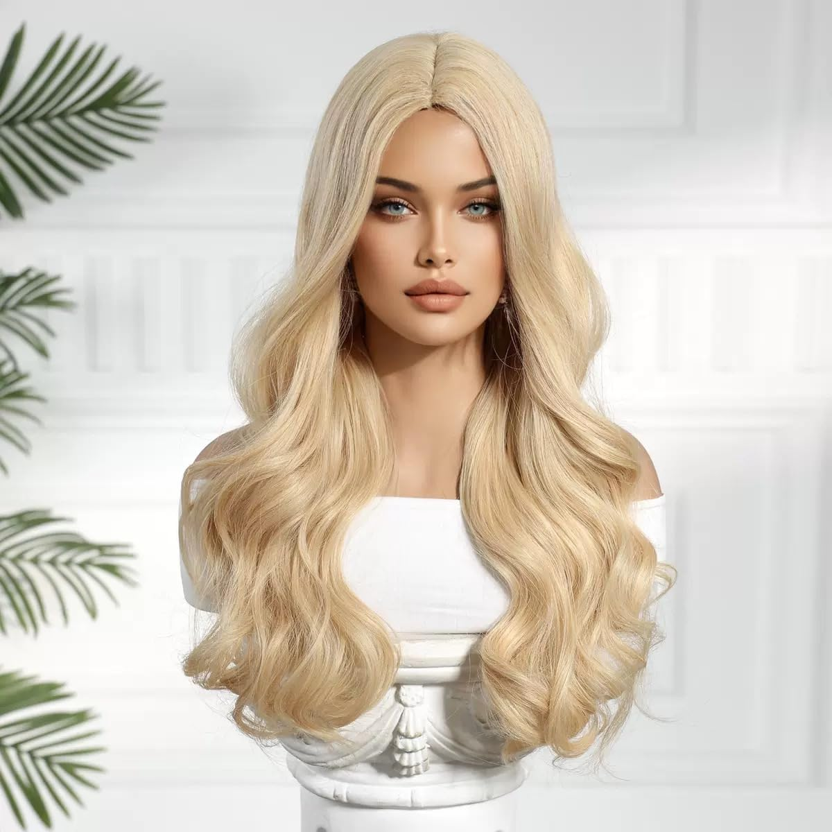 Long Natural Wave Wavy Blonde Synthetic Wigs for Women, Heat Resistant Fibre, Natural Looking with Middle Part