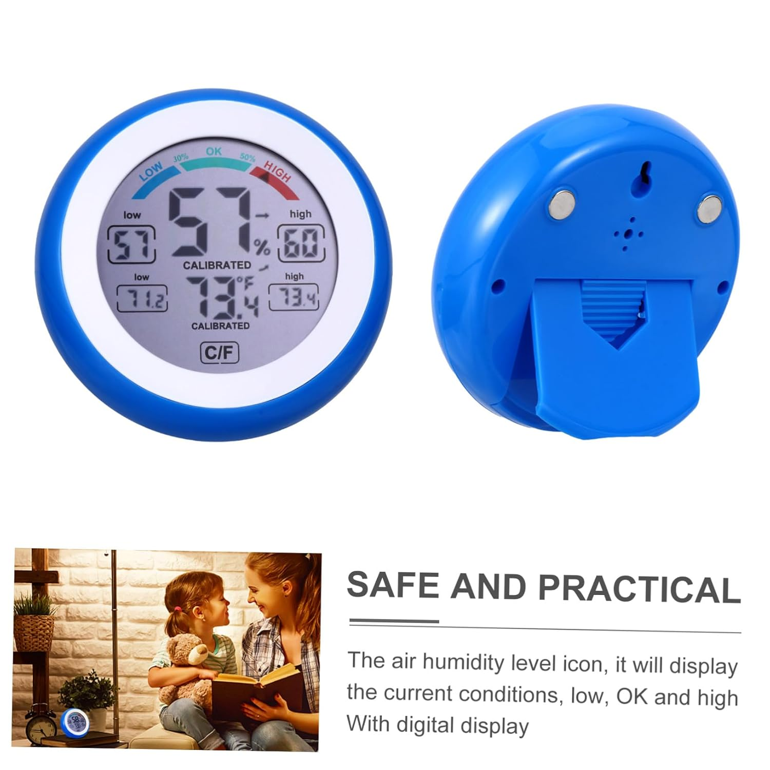 UKCOCO Multi-Functional Digital Temperature Gauge and Electric Hygrometer for Indoor Use High-Precision round LCD Touchscreen, Blue Mini Thermometer Humidity Meter without Battery image number 3