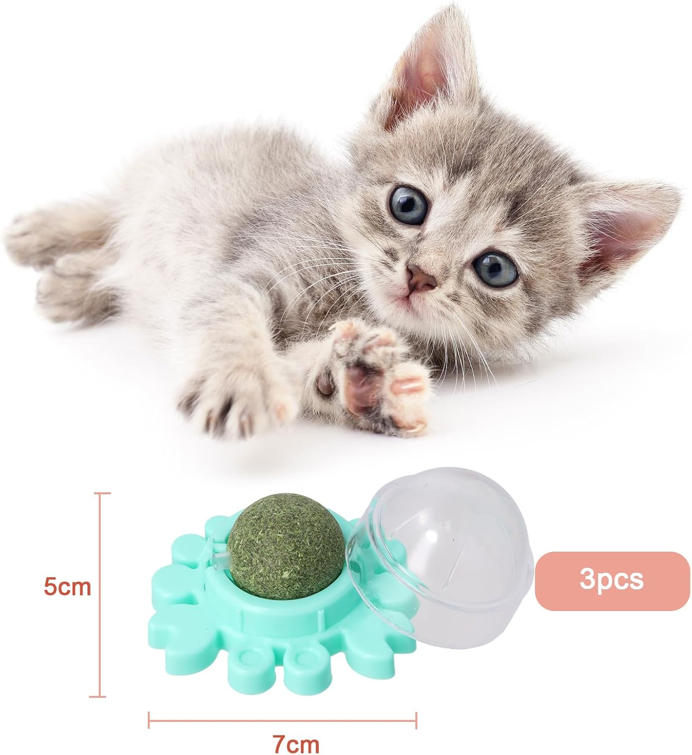 Decordwell Catnip Wall, Pack of 3 Rotating Catnip Ball, 360&deg; Rotatable Leaky Interactive, with Lid, Interactive, for Cleaning Teeth Intestinal Digestion (Pink, Green, Yellow) image number 6