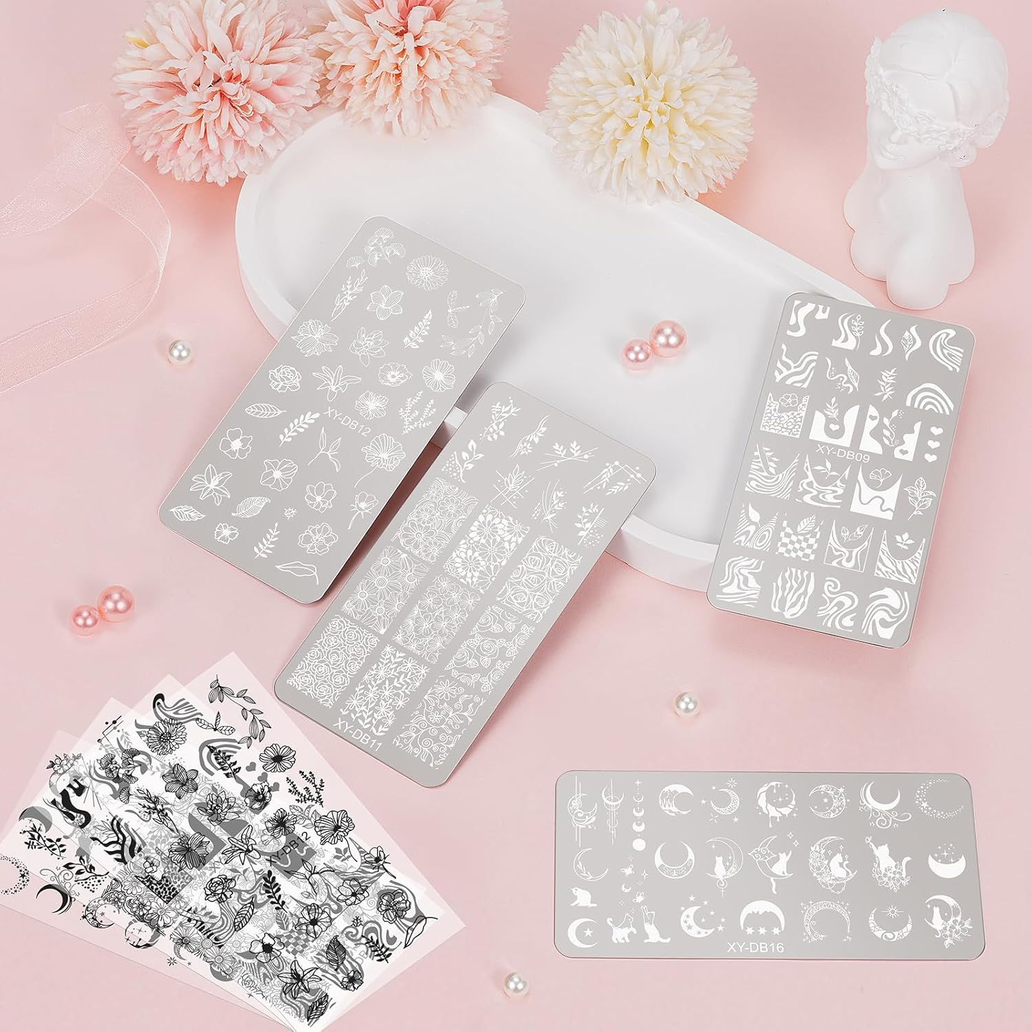 MWOOT 4 Pieces Nail Stencil Stamp Set, Stripes Lines Flower Leaves Moon Cat Theme Stamp Nail Design, French Nail Art Stamping Plates Nail Stamping Manicure Tool Kit image number 3