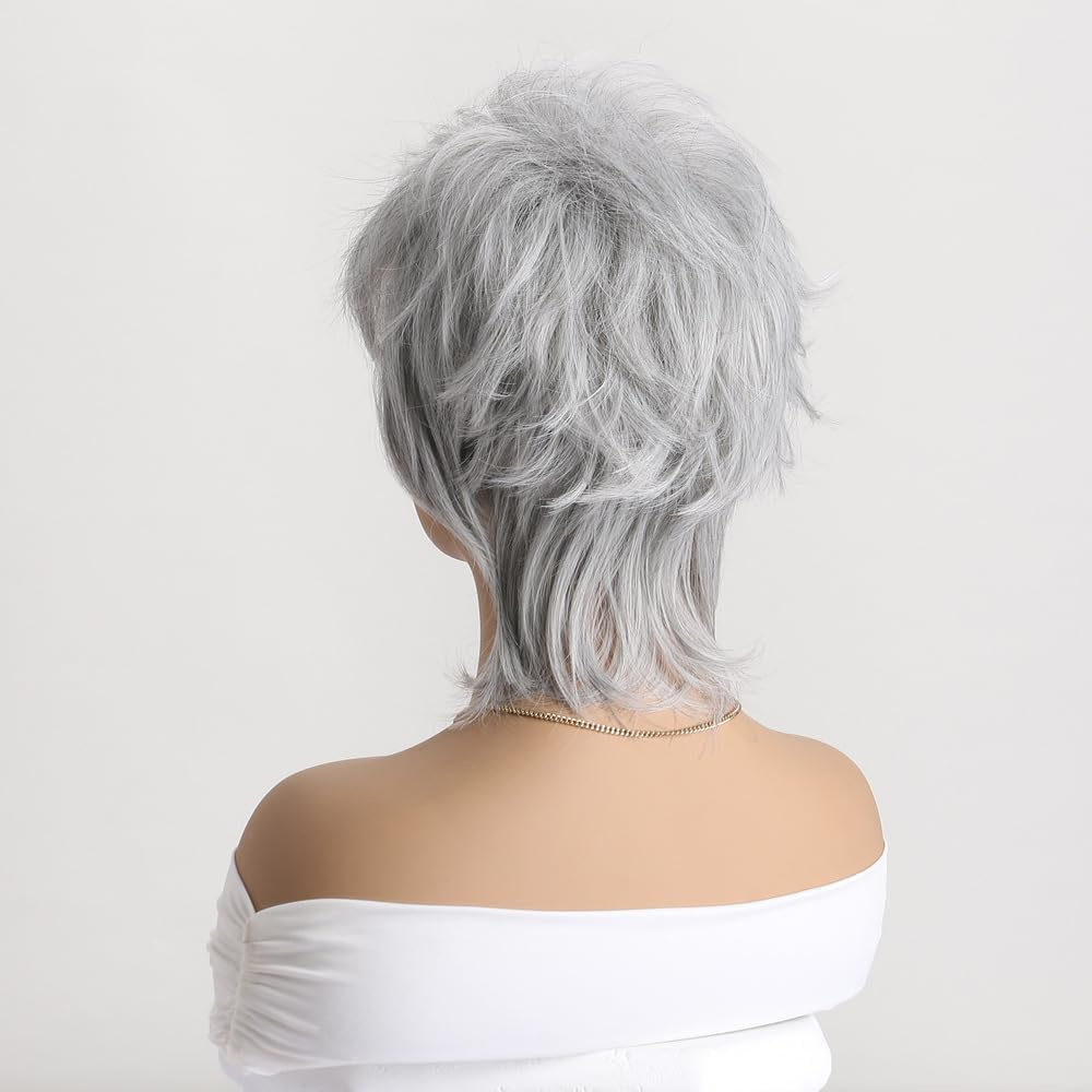 AUBWIG Long Soft Silver Grey Shaggy Tiered Wigs for Women Shoulder Length Tiered Natural Shaggy Wig with Fringe Synthetic Wig (Silver Grey) image number 3
