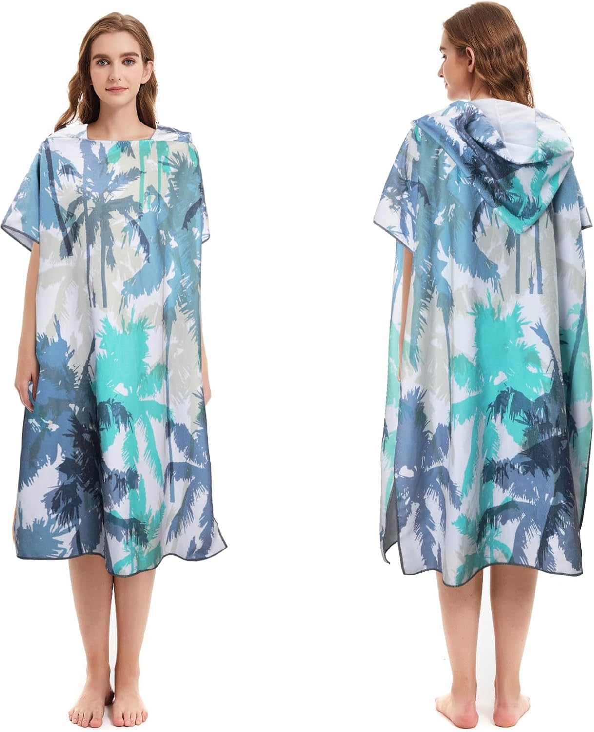 Queenshin Extra Large Coconut Tree Hooded Beach Towel, Quick Dry Microfiber Adults Poncho Changing Pool Towel Robe 35 X 40 Inch