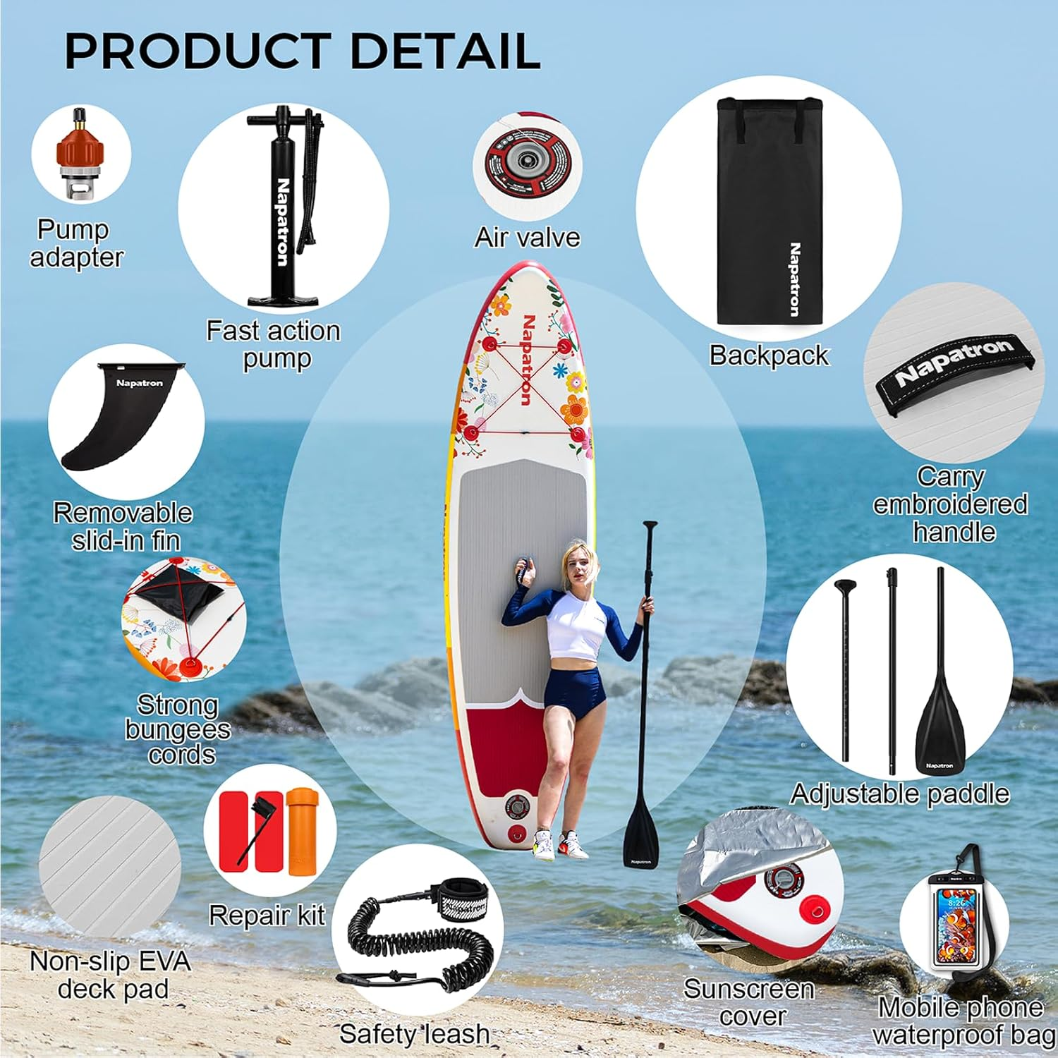 Napatron Family Inflatable SUP Paddleboard,Stable Wide Design,350Lbs Capacity,Complete Paddle Board Package with Fast Action Pump,Leash,Ideal for Beginners/Youth & Allskill Levels image number 5