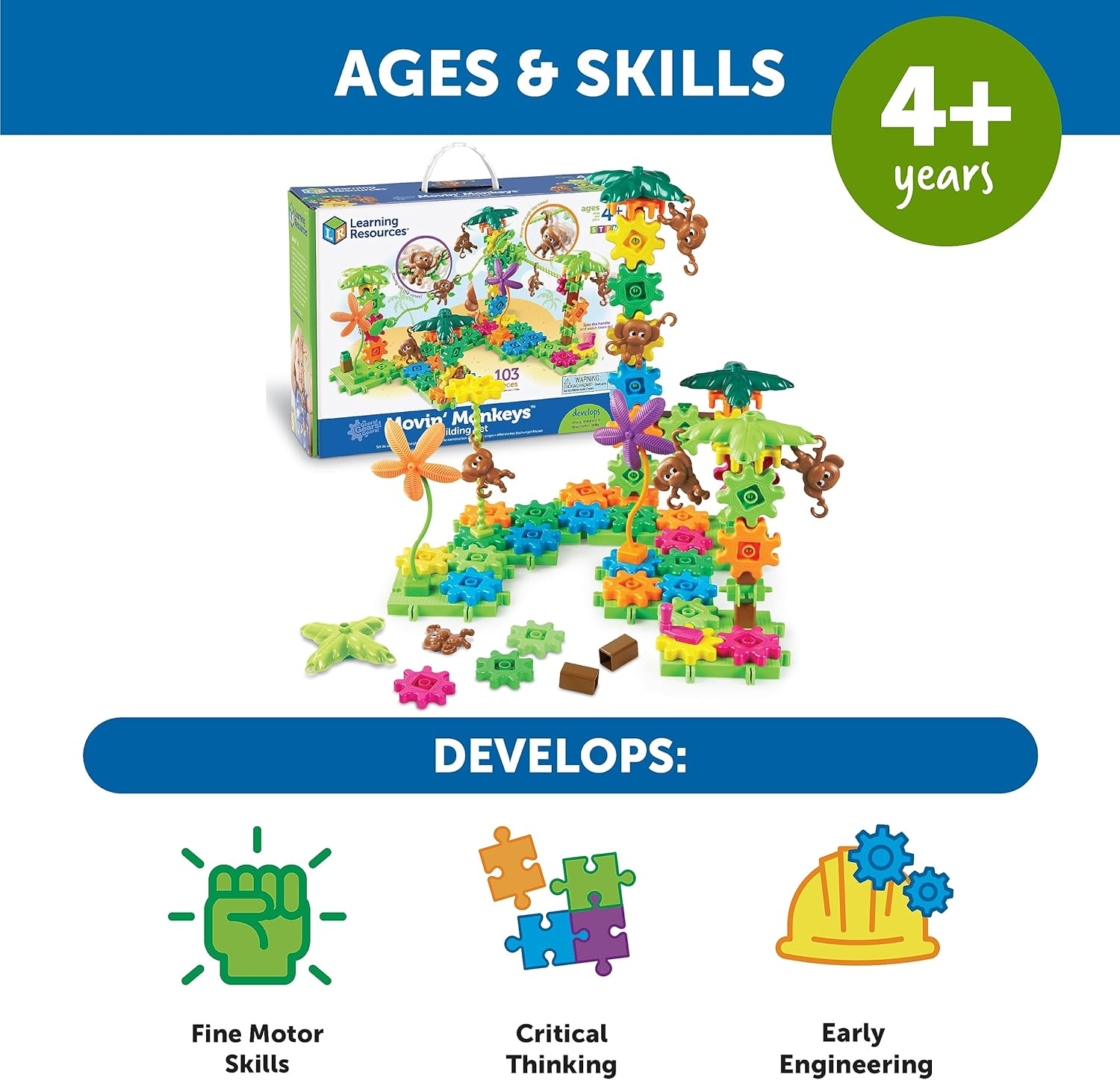 Learning Resources Gears! Gears! Gears! Movin' Monkeys Building Play Set, Puzzle, 103 Pieces, Ages 5+ image number 1