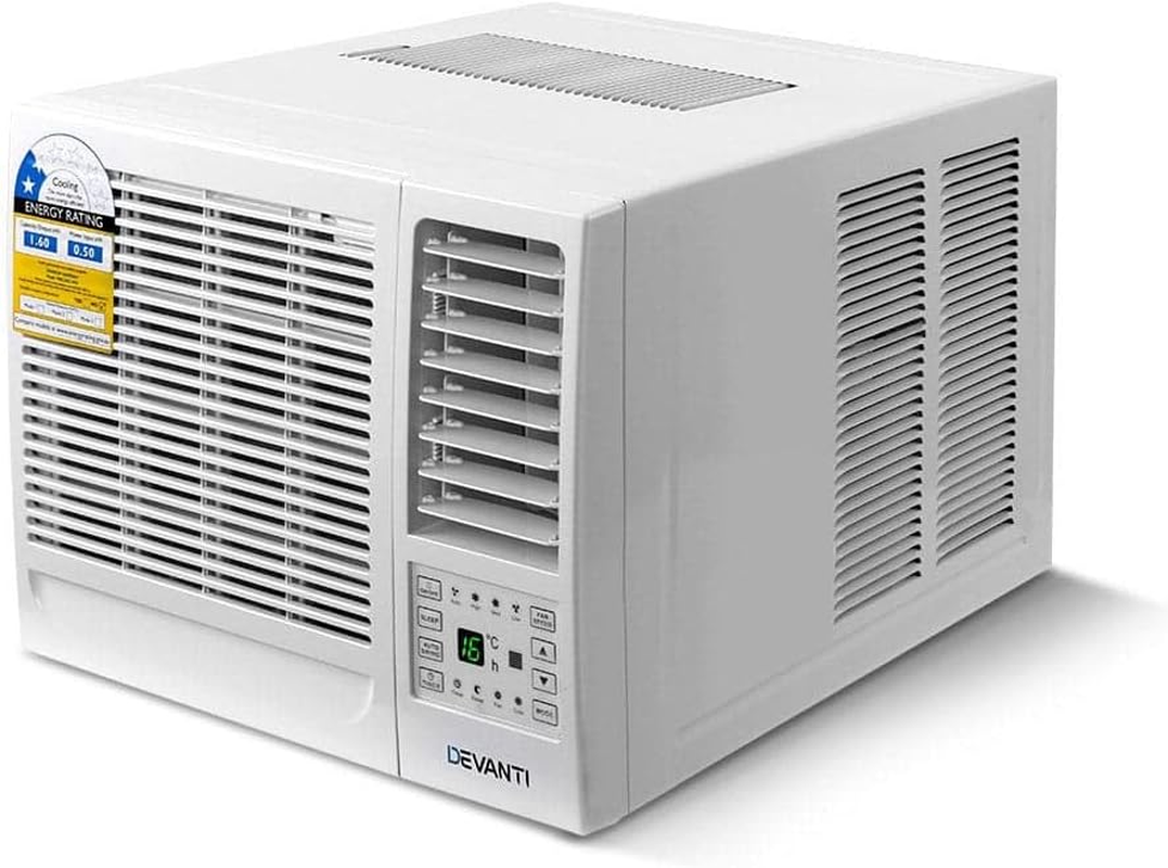Devanti 1.7Kw Window Air Conditioner with Remote, LED Control, 3 Speeds, 2 Modes, 24Hour Timer, Cooling Fan for Bedroom, Home or Office &ndash; White