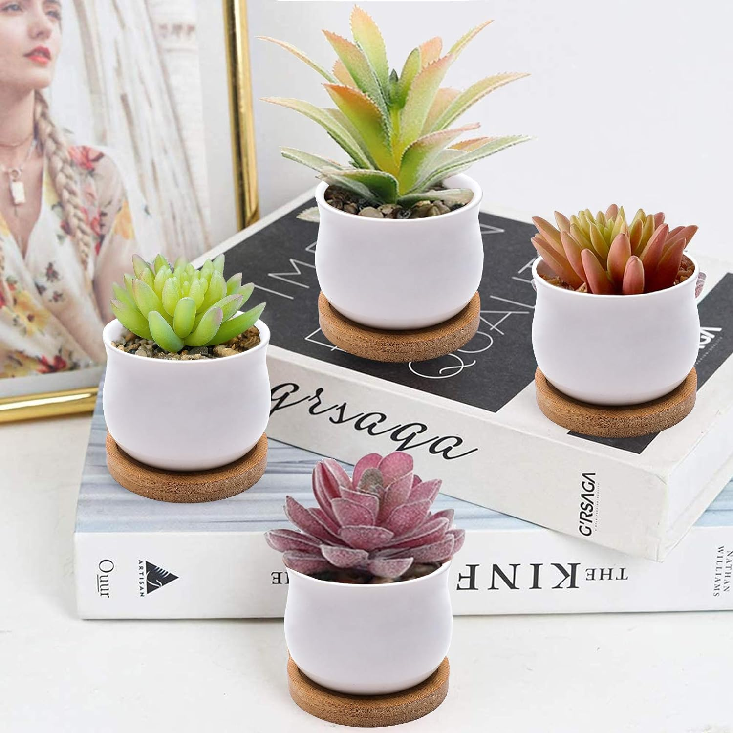 SHECIPIN Succulent Plant Pot, White Mini 2.6 Inch Ceramic Flower Planter Pot with Bamboo Tray, Pack of 8 - Plants Not Included