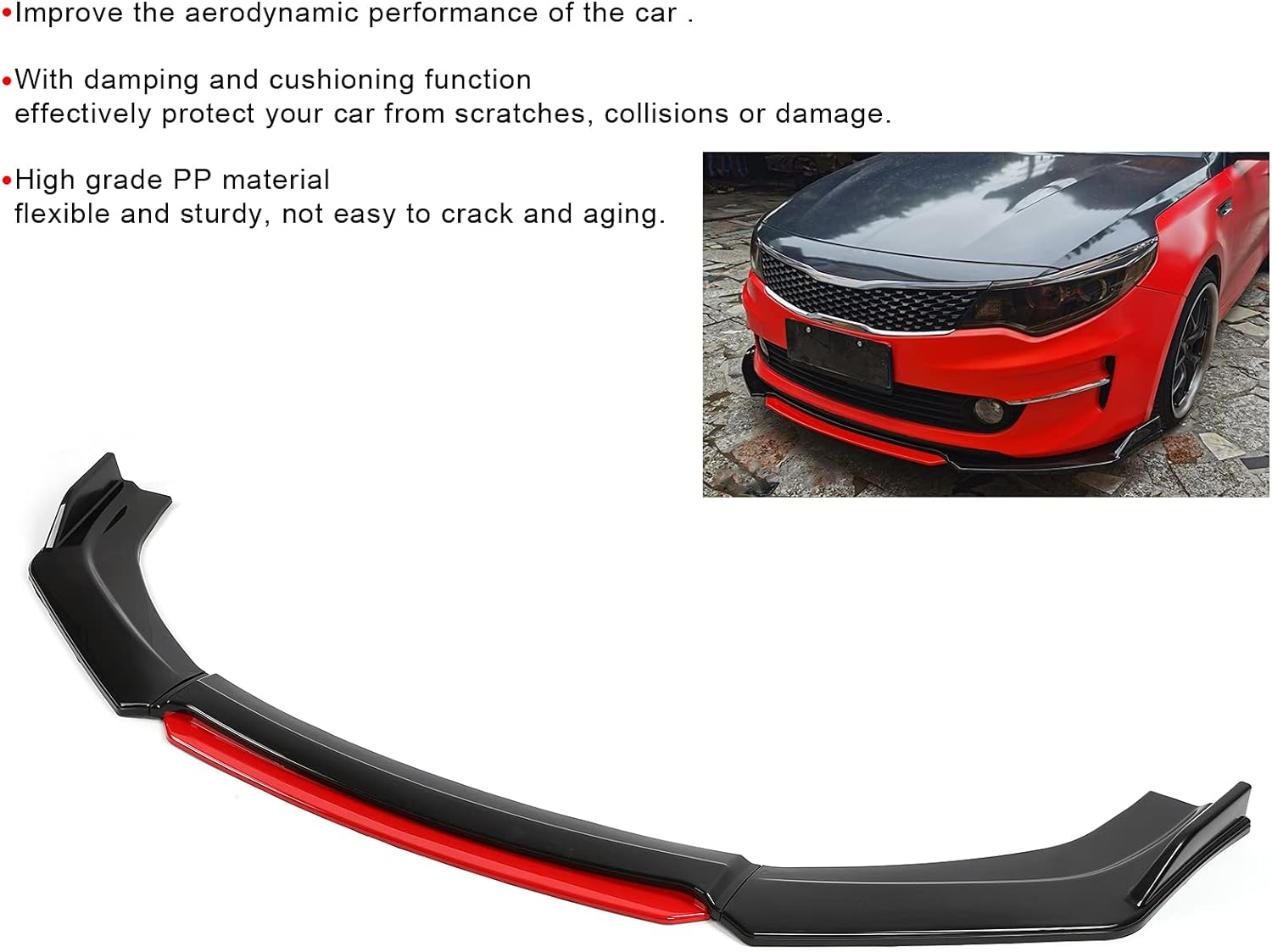 Universal Front Bumper Lip Lower Chin Spoiler Splitter Body Kit Air Dam Automotive Protector, Universal Fit for Most Cars, Glossy Black with Red Tongue image number 3