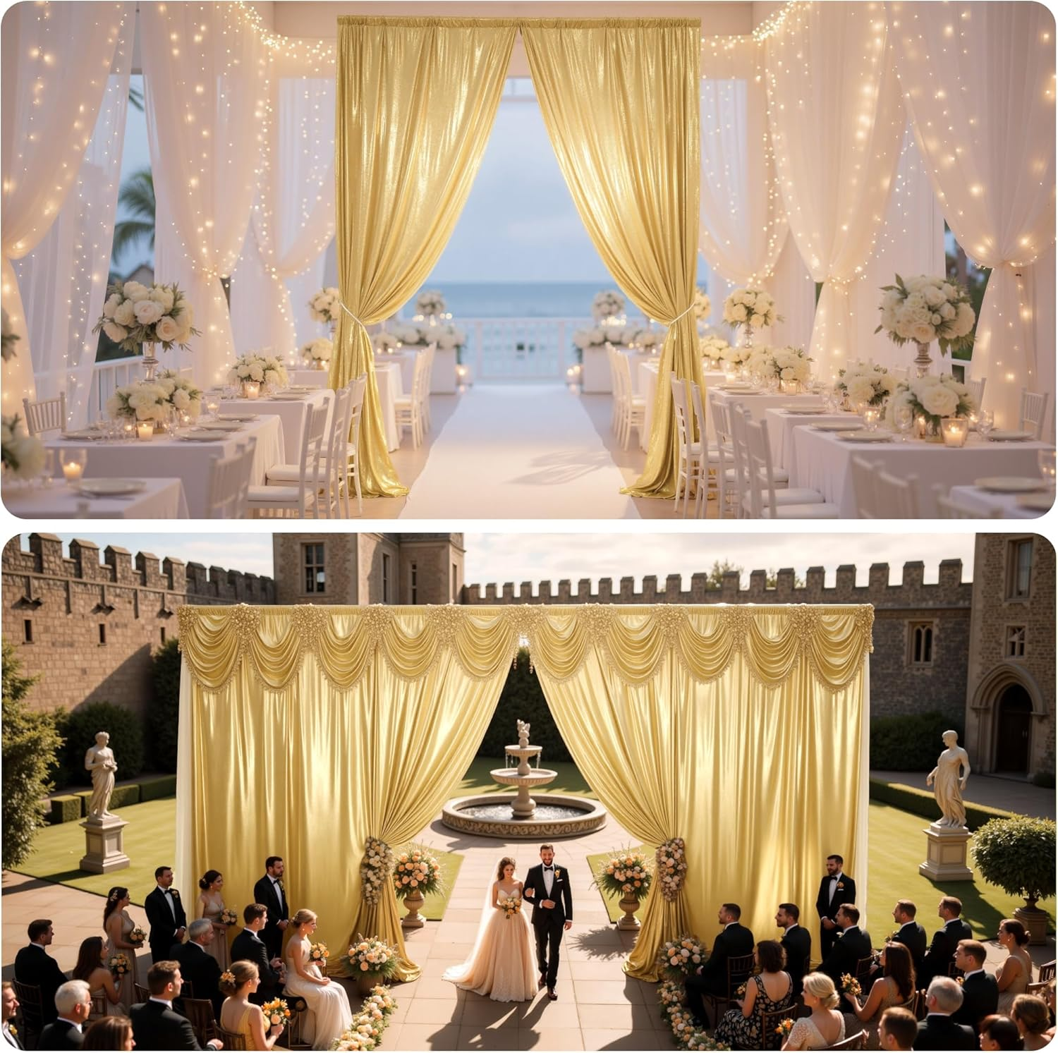 Partyvillage 10X10Ft Gold Sequin Backdrop Curtain -2 Panels 5X10Ft Wrinkle Free Shimmer Back Drop Cloth, Glitter Backdrop Drapes for Photography, Birthday, Wedding, Graduation Background image number 6