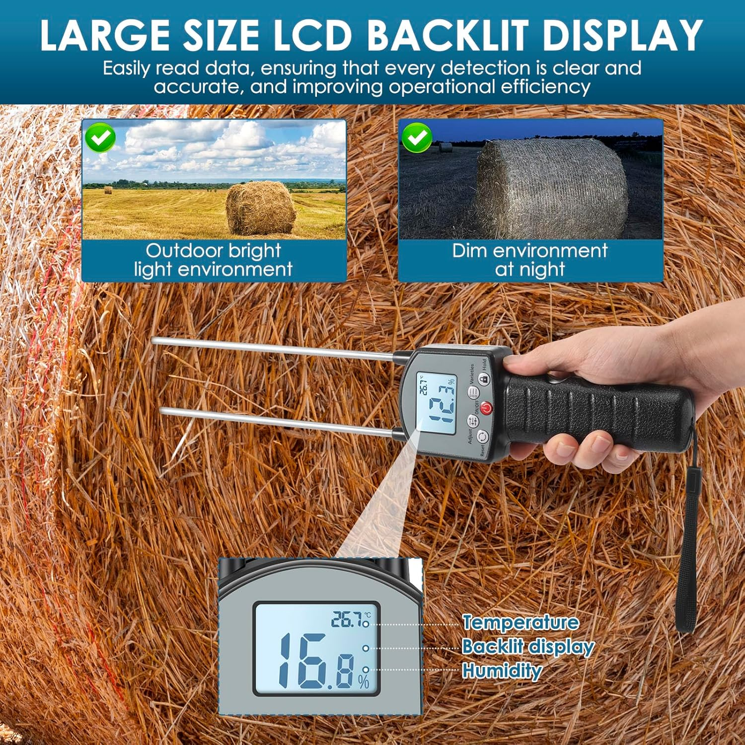 Wood Sawdust Meter, Hay Moisture Tester with Dual Probe, LED Display Hay Moisture Meter Accurate Measurement, Forage Humidity Tester for Alfalfa Forage Orchard Grass image number 6