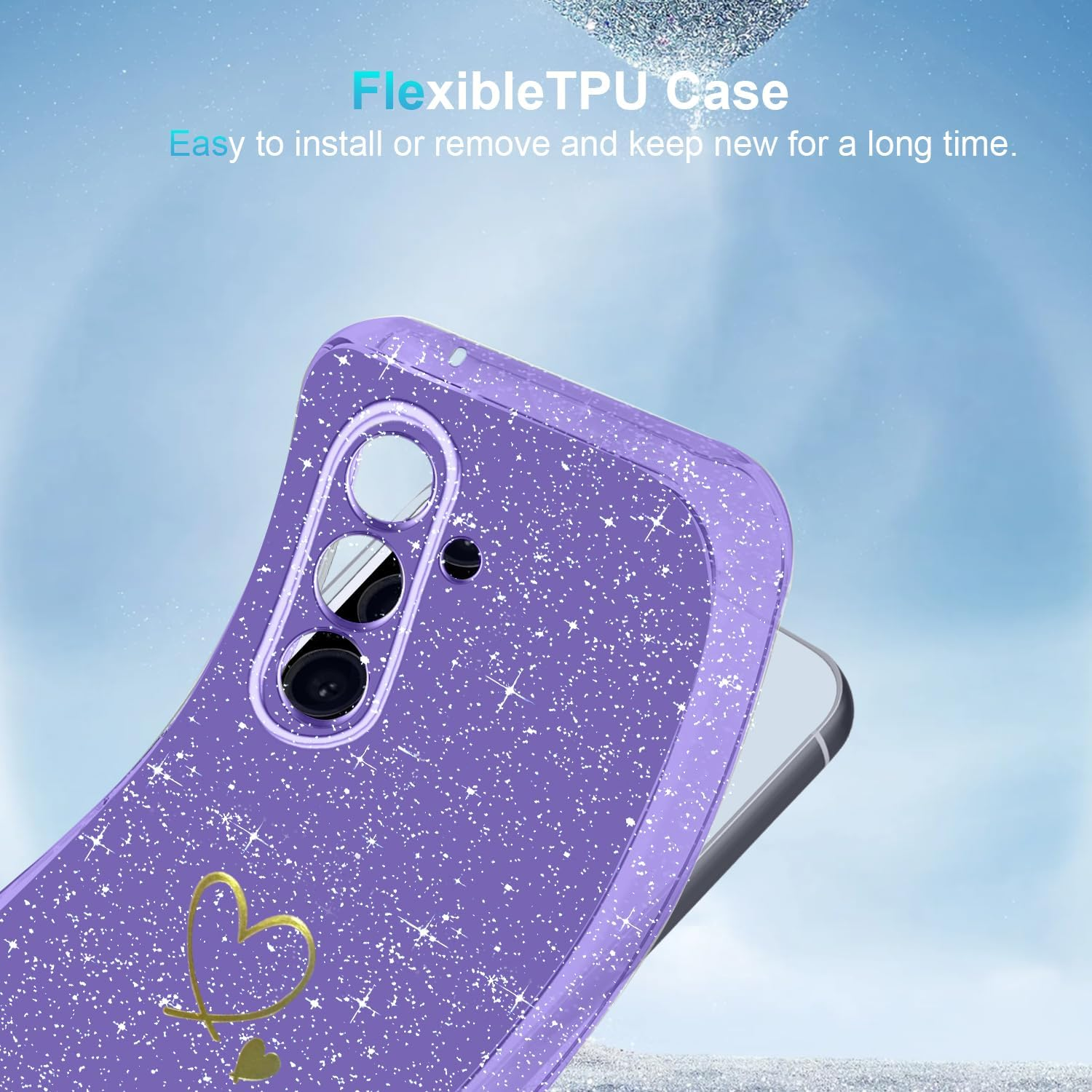 Crisant Mobile Phone Case Compatible with Samsung Galaxy A17 4G / 5G with 3 Pieces Screen Protector, Soft TPU Anti-Fingerprint Case, Glitter and Fall Protection Protective Case (Purple)