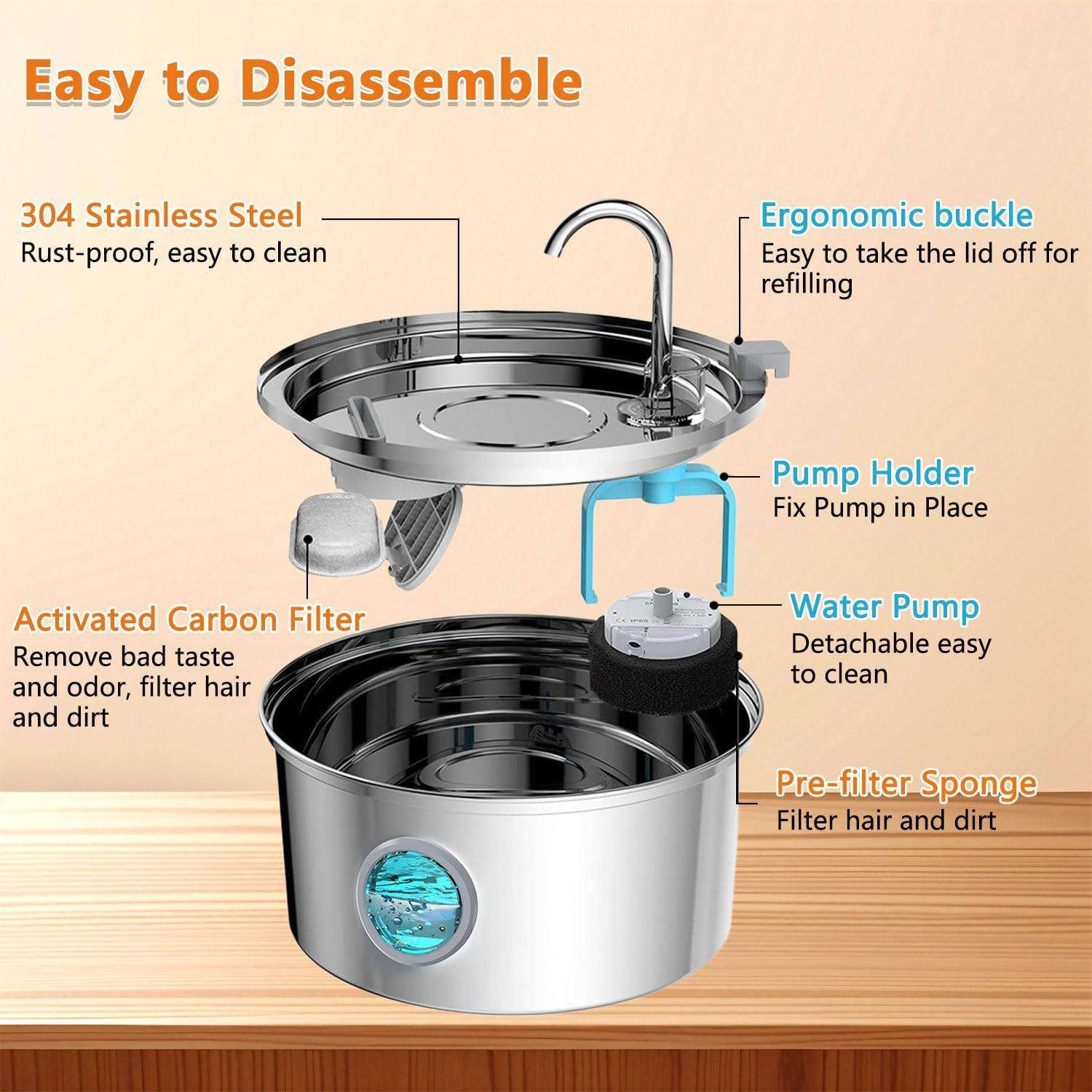 Bemuiz Cat Water Fountain：3.2L Automatic Stainless Steel Pet Water Fountain for Cats Indoor- Water Dispenser Bowl for Dogs Drinking with Quiet Pump and LED Light Water Level Window image number 1