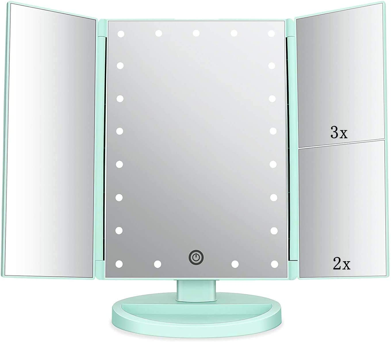 Tri-Fold Lighted Vanity Makeup Mirror with 3X/2X/1X Magnification, 21 LLED Light and Touch Screen,Dual Power Supply, Portable LED Makeup Mirror, Travel,Women Gift (Green)