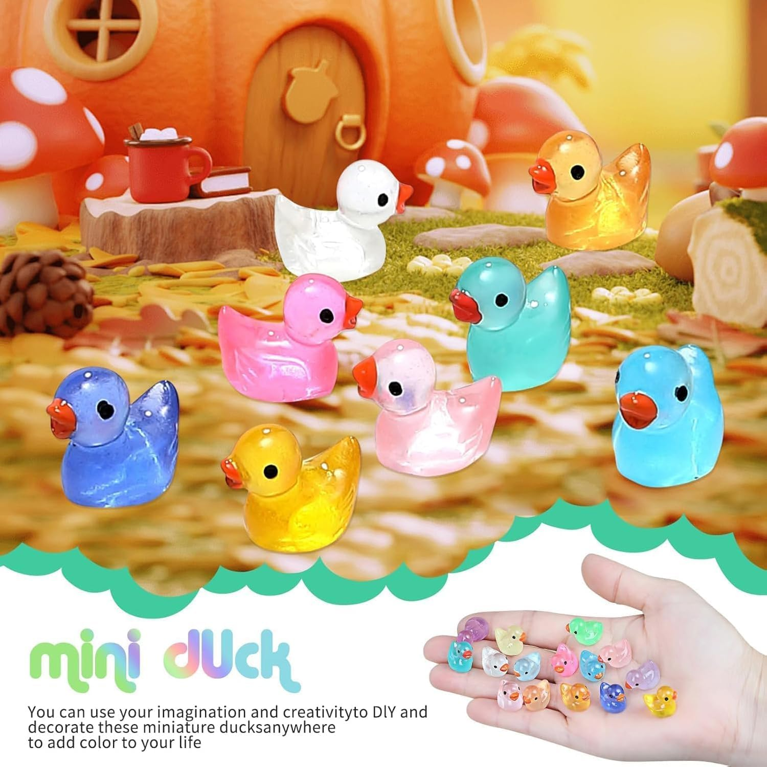 100PCS Mini Ducks,Funcyboo Resin Ducks Luminous Mini Duck for Crafts Miniature Ducks to Hide Cute Small Ducks Accessories for Aquarium Garden Landscape Dollhouse Potted Plant DIY(2 Styles/Many Colors) image number 6