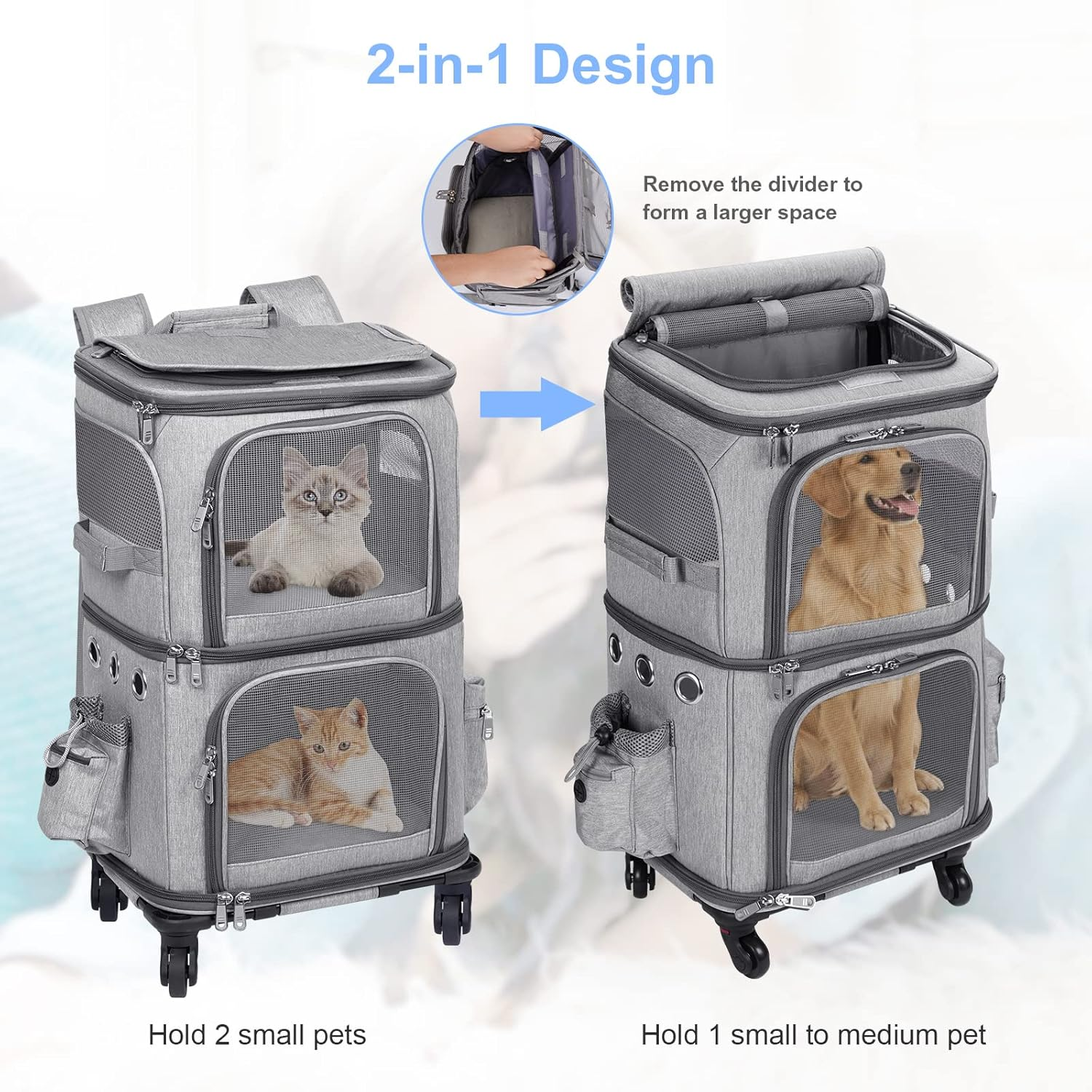 HOVONO Double-Compartment Pet Carrier Backpack with Wheels for Small Cats and Dogs, Cat Rolling Carrier for 2 Cats, Perfect for Traveling/Taking a Walk/Trips to the Vet, Grey - Grey image number 2