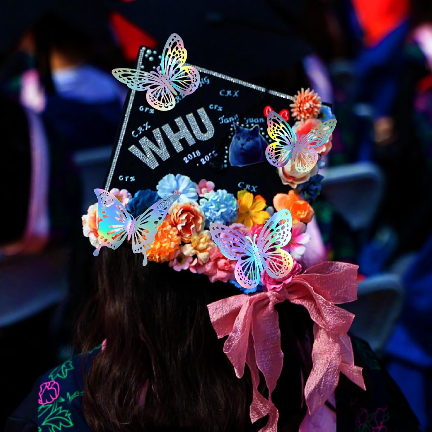 Laser Butterfly Wall Decor, 48Pcs 2 Styles 3 Sizes Butterflies for Birthday Cake Cupcake Toppers, 3D Paper Iridescent Sticker Graduation Grad Cap Decorations Baby Shower Girl Room Nursery Decals - Laser Pink image number 3