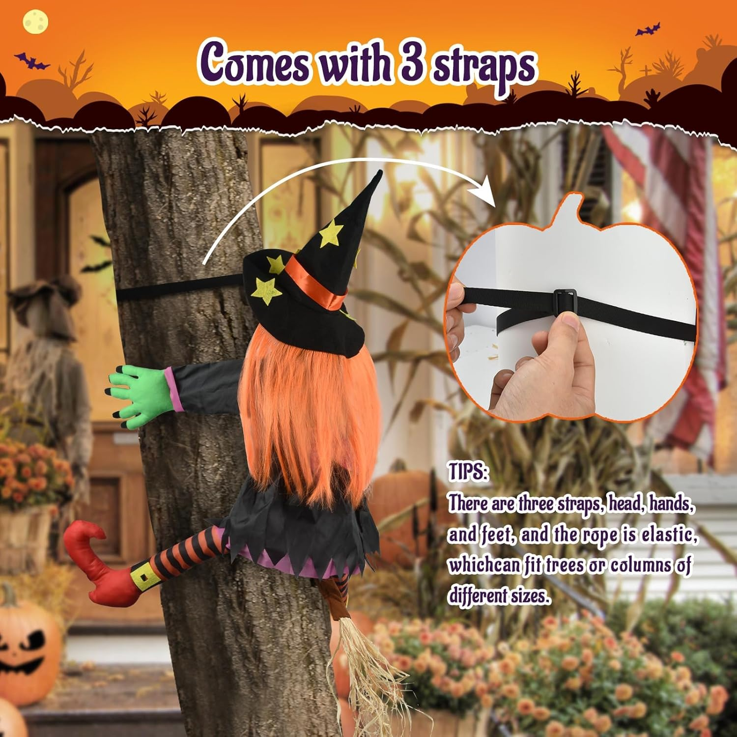 ZATMRA Crashing Witch Halloween Decorations Outdoor: Halloween Crashed Witch into Tree Hanging Props outside Ornaments Halloween Funny Cute Flying Crashed Witches for Door Porch Pole Garden Yard Decor image number 3