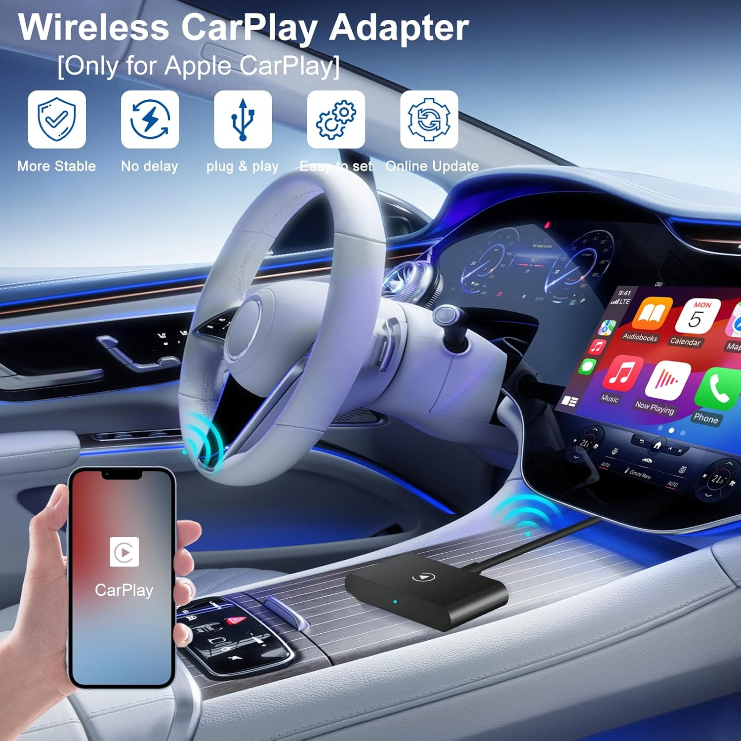 Wireless Carplay Adapter,Wireless Apple Carplay Dongle Adapter,Car Apple Carplay Bluetooth Adapter,Plug & Play 5Ghz Wifi Online Update,Low Latency,Easy to Install,Support Newest Ios 16 image number 3