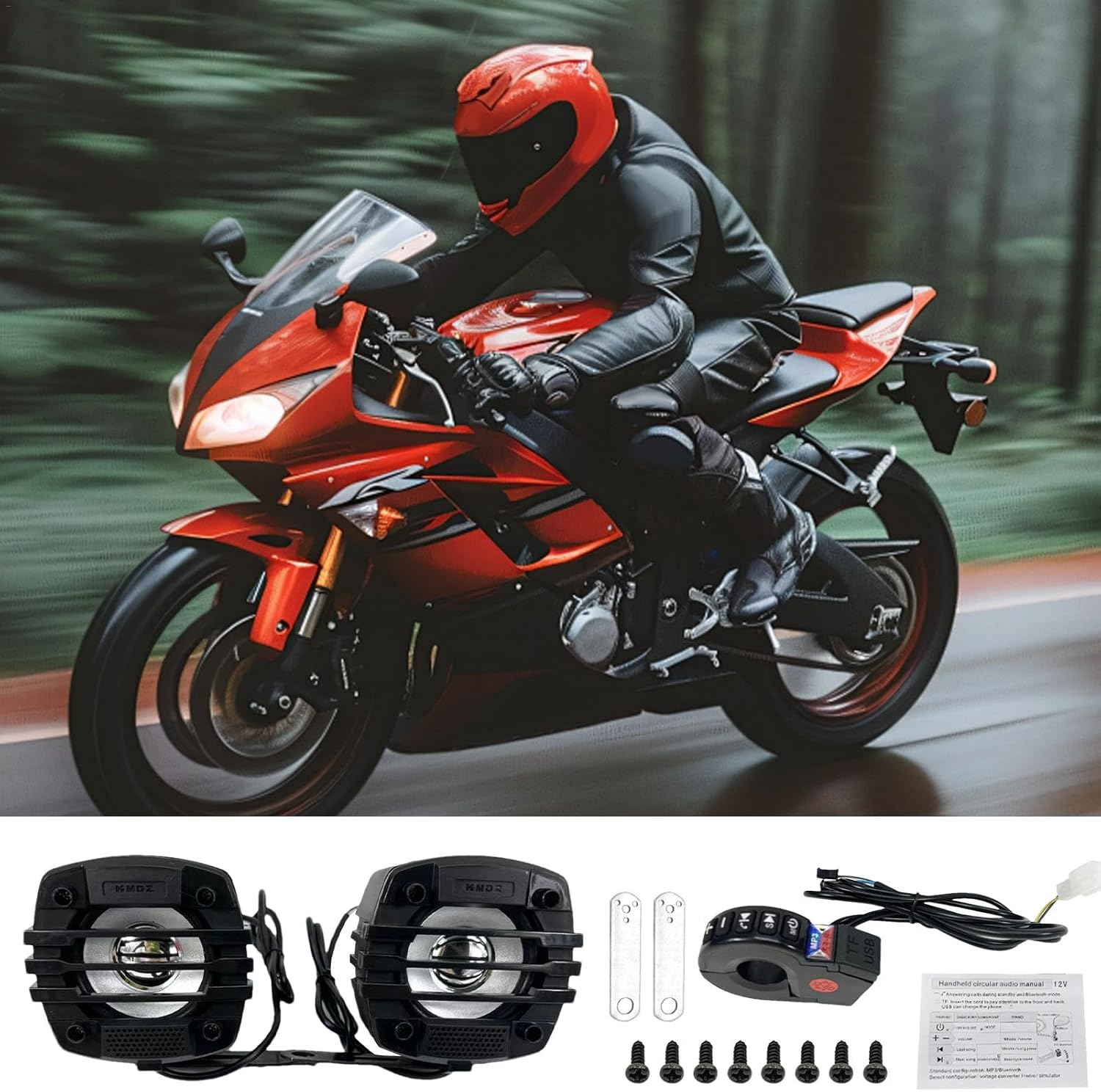 Handlebar Speakers for Motorcycle - Motorcycle Audio Sound System for Handlebar - Radio Amplifier, Audio Amp System, Hifi Sound Motorcycle Stereo for ATV and UTV - 12V-80V With Light image number 5