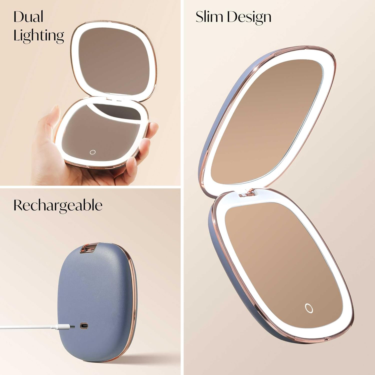 Fancii Mila 2 LED Lighted Compact Makeup Mirror, Rechargeable, 10X /1X Magnifying, Tru-Glow Light System, Vegan Leather, Small Travel Mirror for Purses (Harbor Blue) image number 3