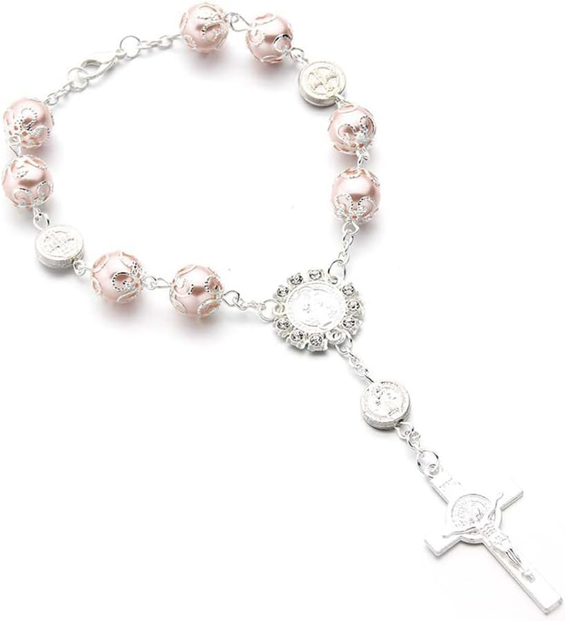 Car Rosary for Rearview Mirror, Personalized Rear View Cross Blessing Beads Decor, Auto Rearview Catholic Rosary Hanging Pendant, Interior Men Women Car Accessories (Pink) - Blue+Pink image number 4