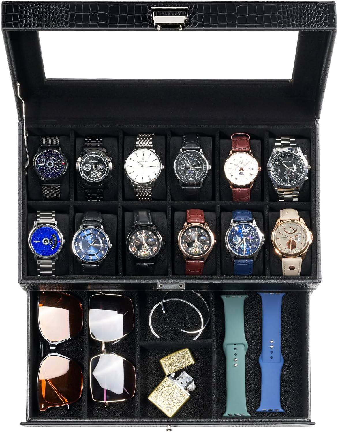 Procase Watch Box for Men, 12 Slot Mens Watch Case with Drawer, Watch Display Case with Glass Lid, 2-Layer Watch Holder Organizer, Jewelry and Watch Storage for Men Women -12Slot, Espresso