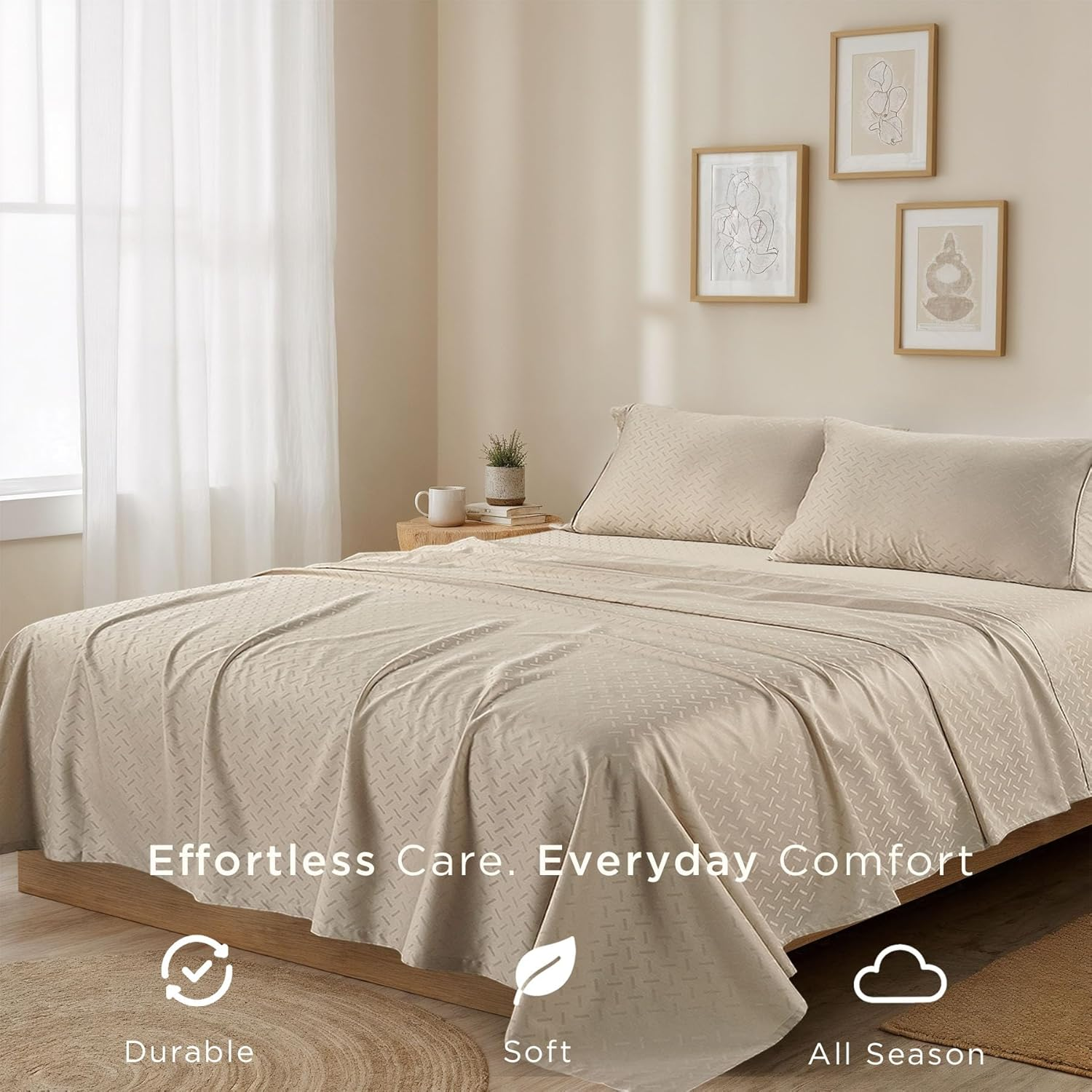 (Twin XL, Astra Beige) - 300 Thread Count Astra Jacquard Collection 100% Cotton Sheets 3 Piece Bedsheet Set, Luxury Bedding All around Elastic Fits Mattresses up to 46Cm Deep Pocket Smooth Sateen Twin XL Size Beige image number 5