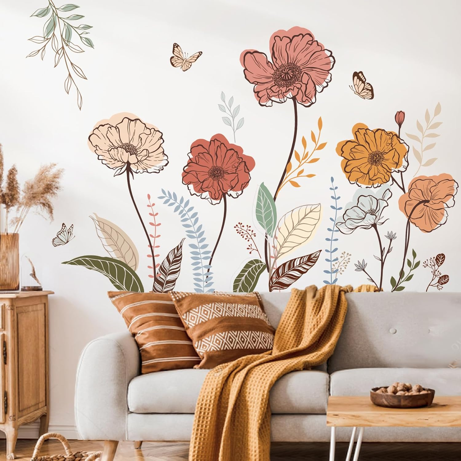 Wondever Boho Flower Wall Stickers Wildflower Floral Grass Peel and Stick Wall Art Decals for Living Room Bedroom TV Wall image number 1