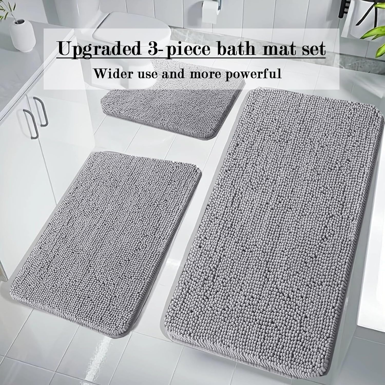 Bathroom Mat,Bathroom Rugs Sets 3 Piece,Soft Absorbent Chenille Bath Mat with 24 Piece Bathtub Non Slip Stickers,U-Shaped Contour Toilet Rug,Bath Mats for Bathroom,Tub,Grey image number 1