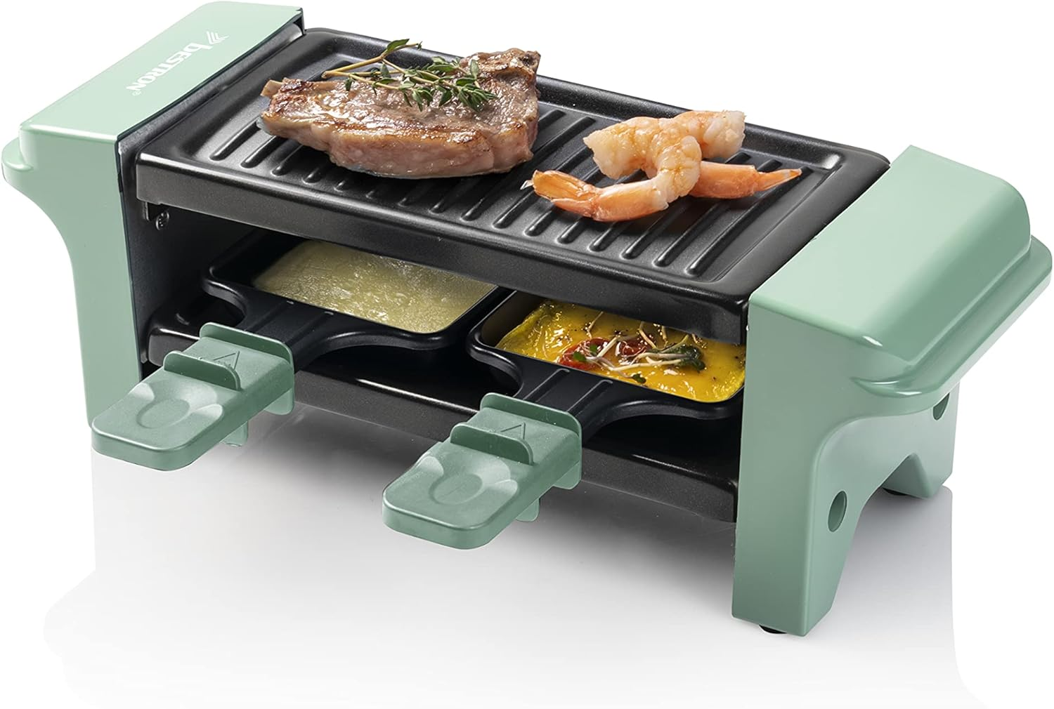 Bestron Raclette, Mini Grill for 1 to 2 People, with 2 Pans and 2 Spatulas, with Non-Stick Coating, 350 Watts, Colour: Grey