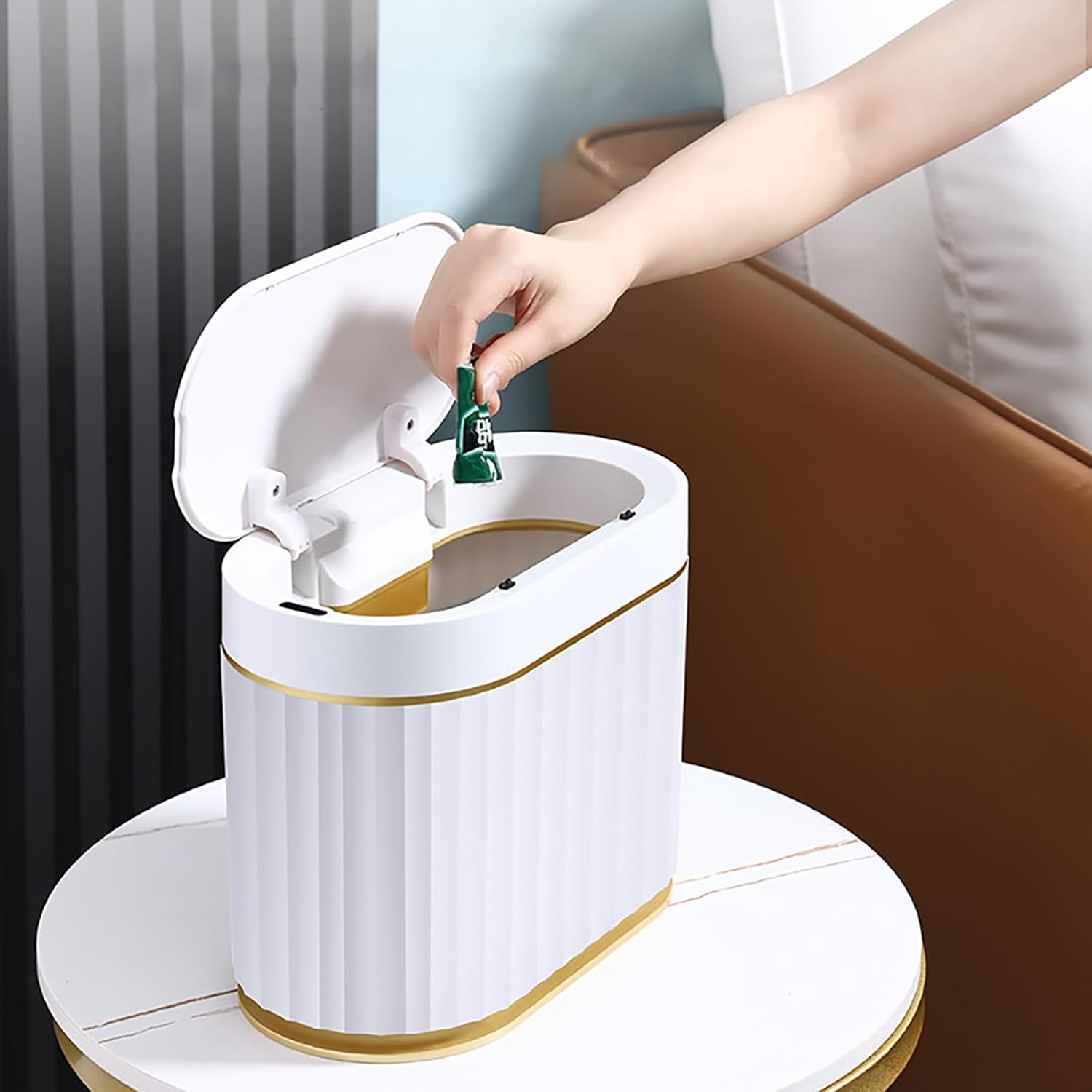 Mini Trash Bin with Lid, Slim Automatic Garbage Can, 5 Liter Waterproof Countertop Rubbish Bin, Small Plastic Motion Sensor Wastebasket for Desk, Bedroom, Office, Kitchen, Bathroom(No Battery) image number 4