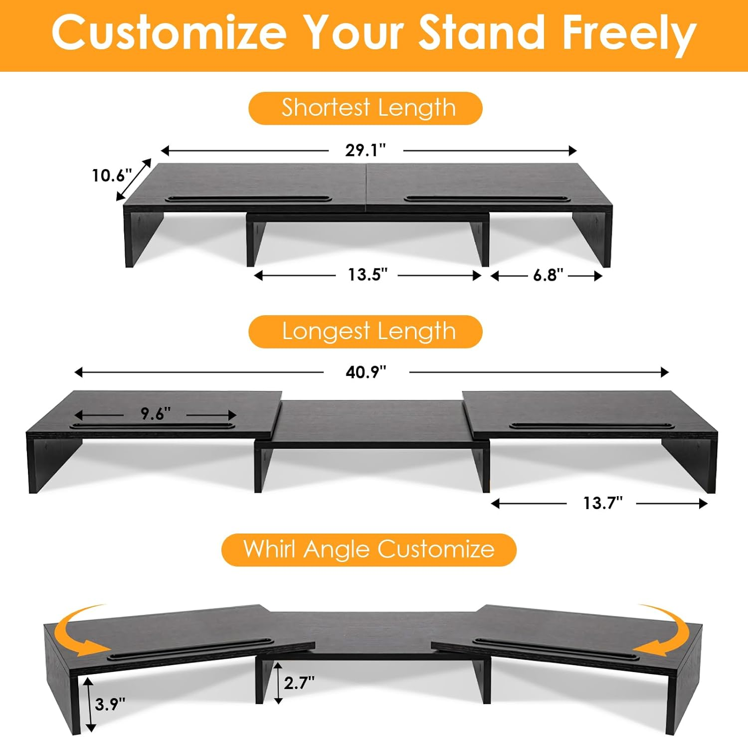 DAWNTREES Dual Monitor Stand Riser 3 Shelf Screen Stand with Adjustable Length and Angle, 2 Extra for PC, Computer, Laptop - Black2 image number 2